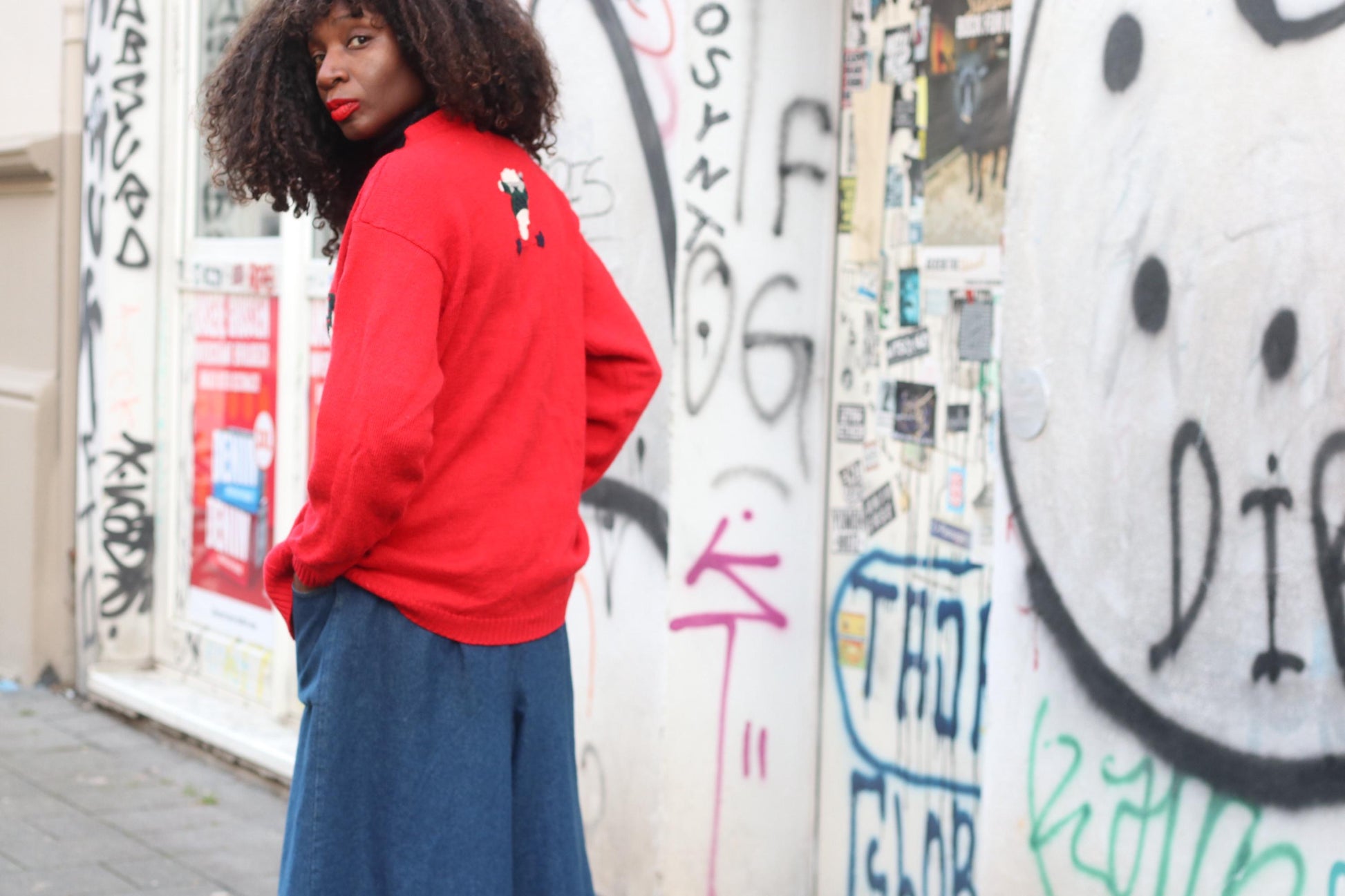 Vintage Red Wool Blend Cardigan: Bear Applique, Size S