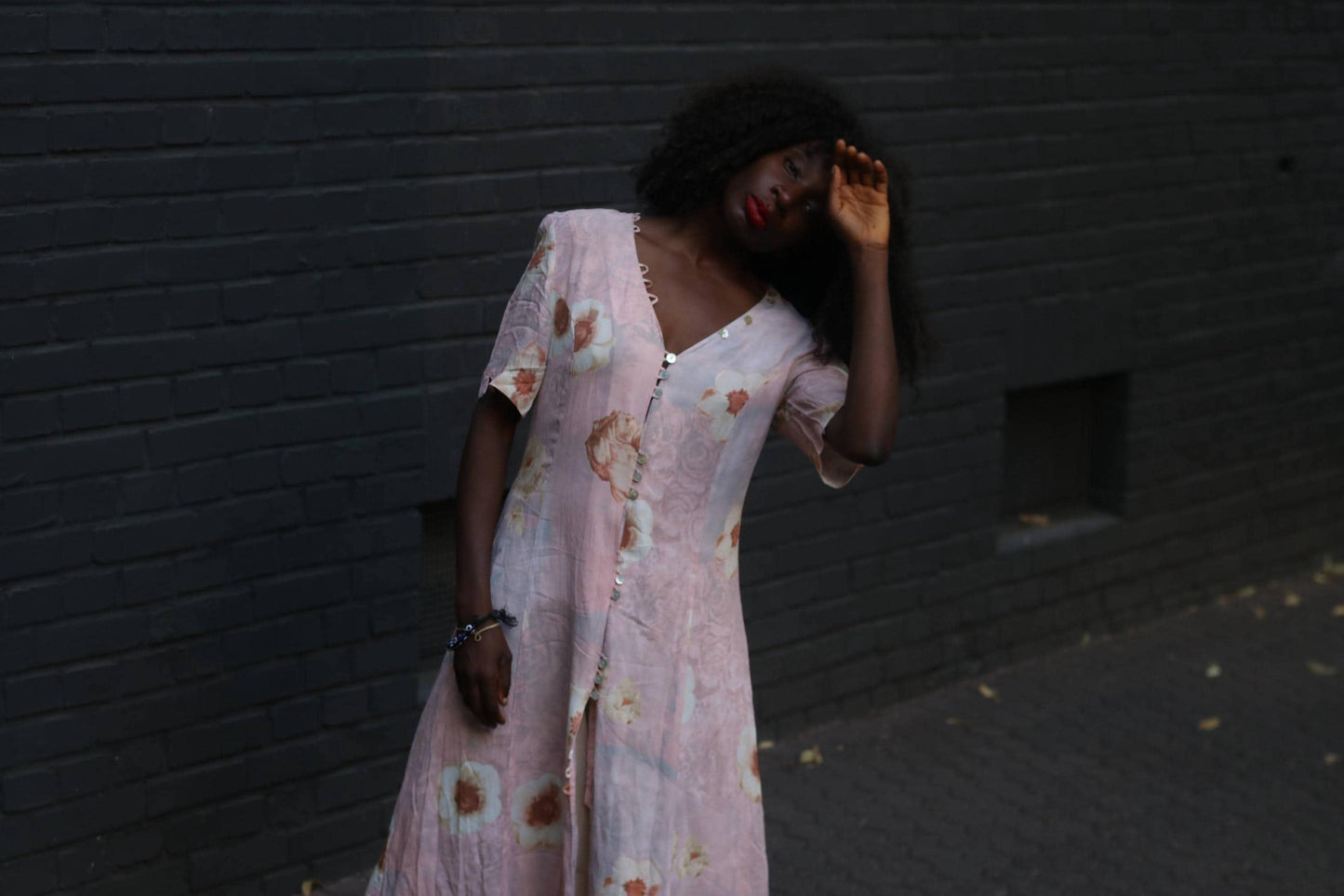 90s Floral Rayon Tea Dress Pink Midi Button Down Summer Gown Grunge Fairycore M