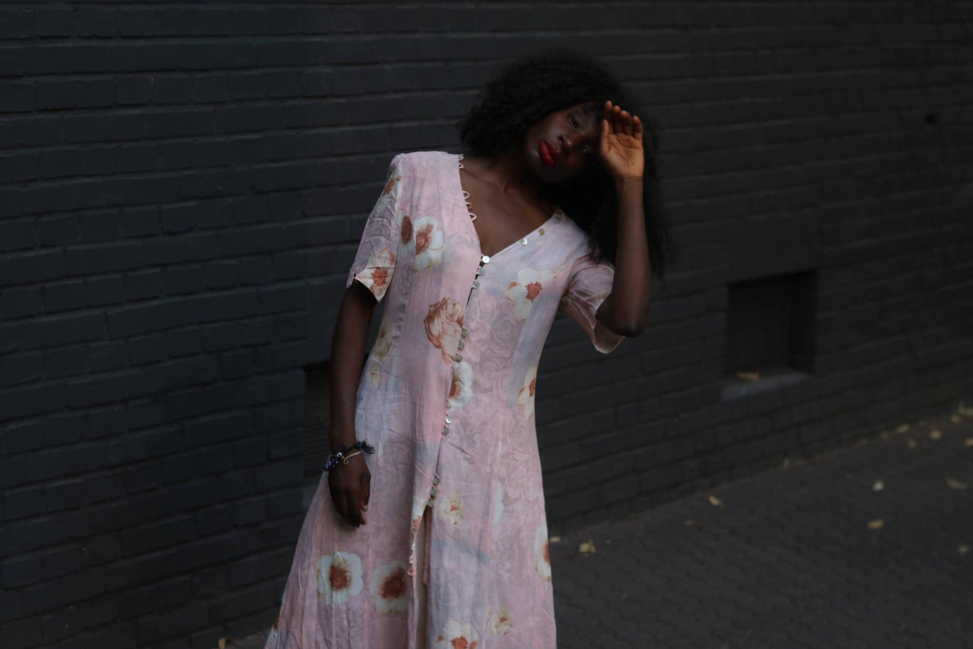 90s Floral Rayon Tea Dress Pink Midi Button Down Summer Gown Grunge Fairycore M