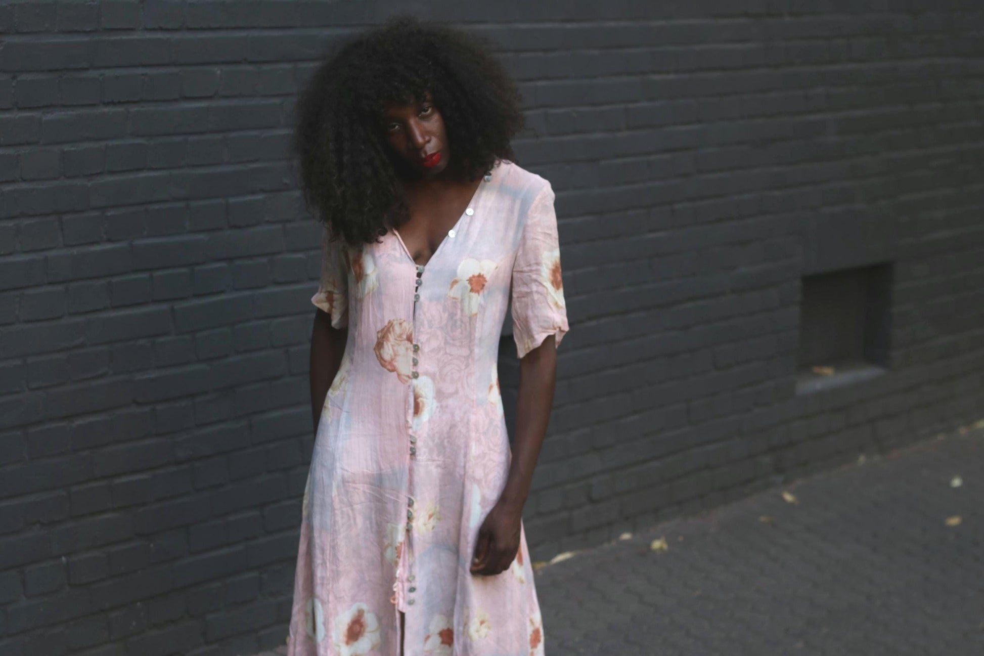 90s Floral Rayon Tea Dress Pink Midi Button Down Summer Gown Grunge Fairycore M