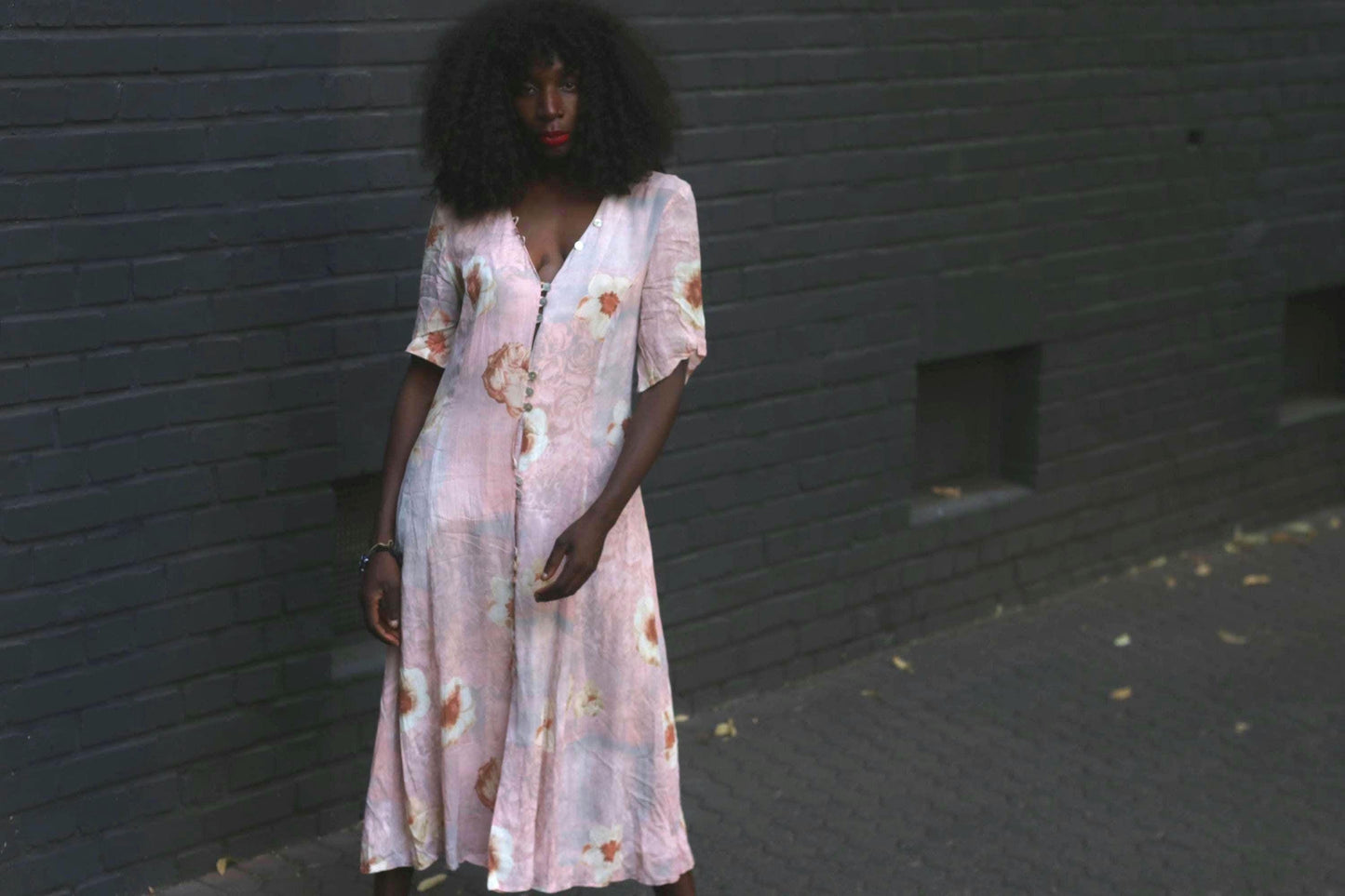90s Floral Rayon Tea Dress Pink Midi Button Down Summer Gown Grunge Fairycore M