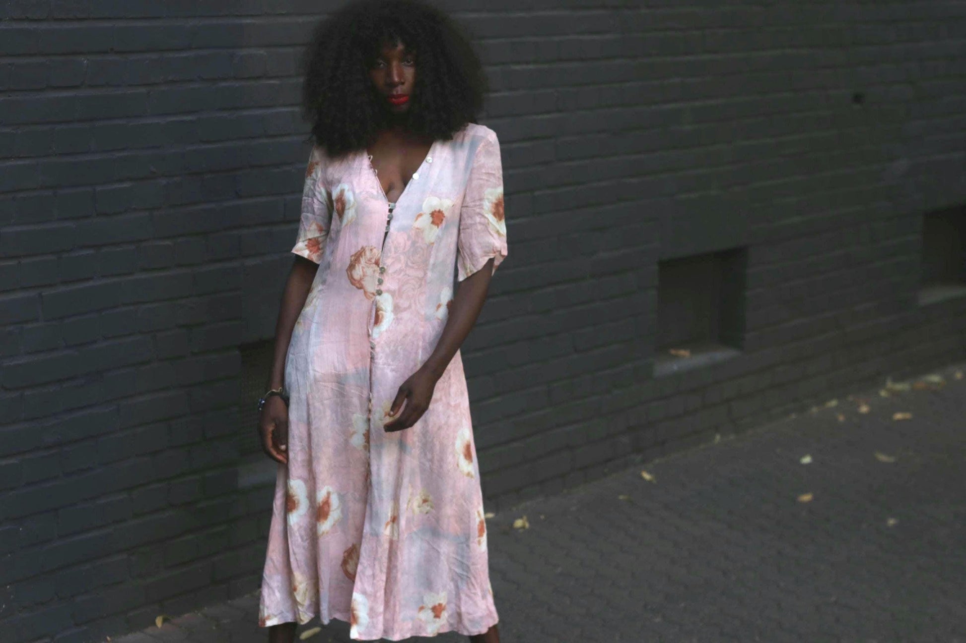 90s Floral Rayon Tea Dress Pink Midi Button Down Summer Gown Grunge Fairycore M
