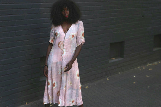 90s Floral Rayon Tea Dress Pink Midi Button Down Summer Gown Grunge Fairycore M