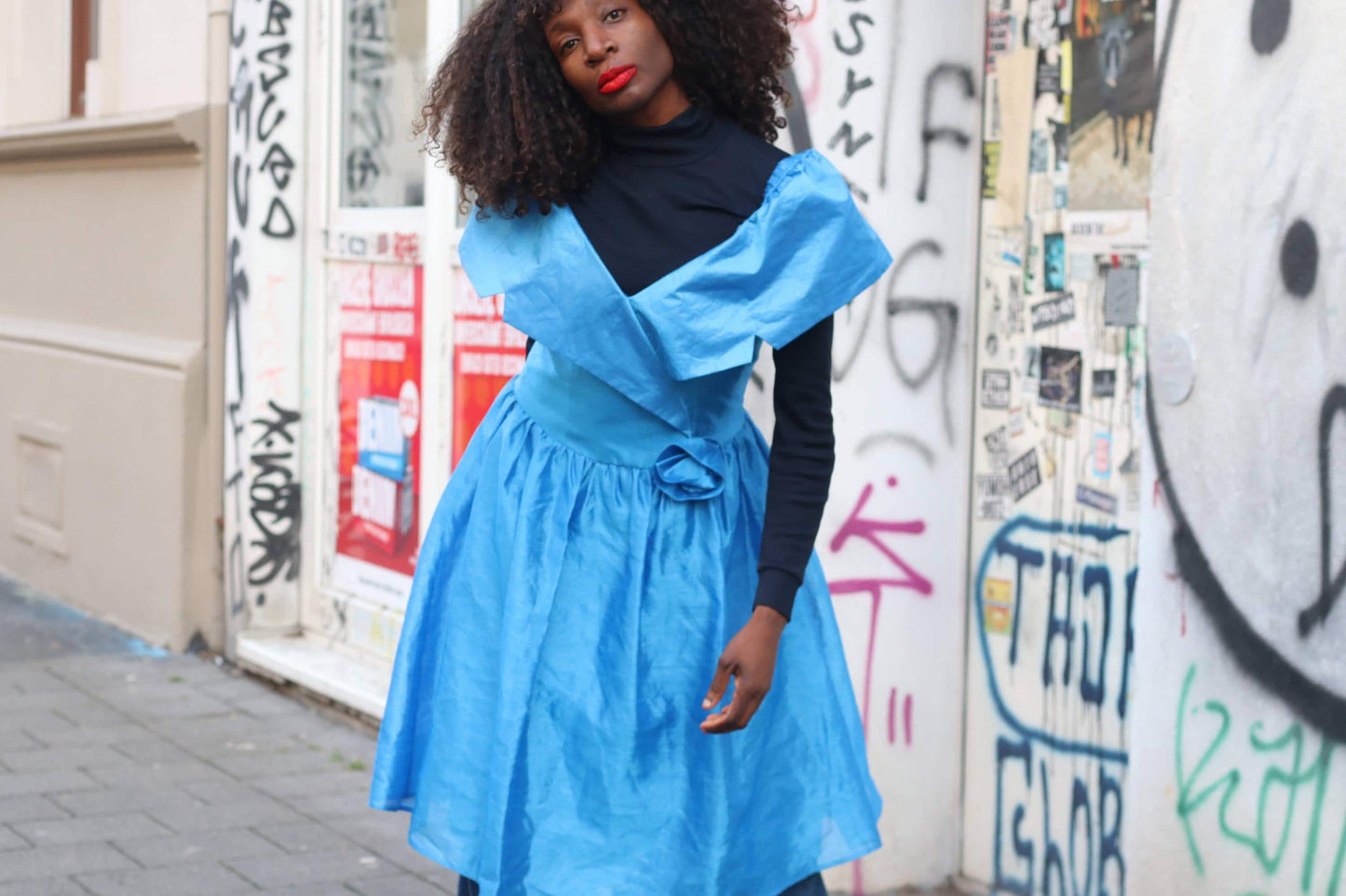 Vintage 80s Blue Taffeta Party Dress: Fit and Flare, Portrait Collar