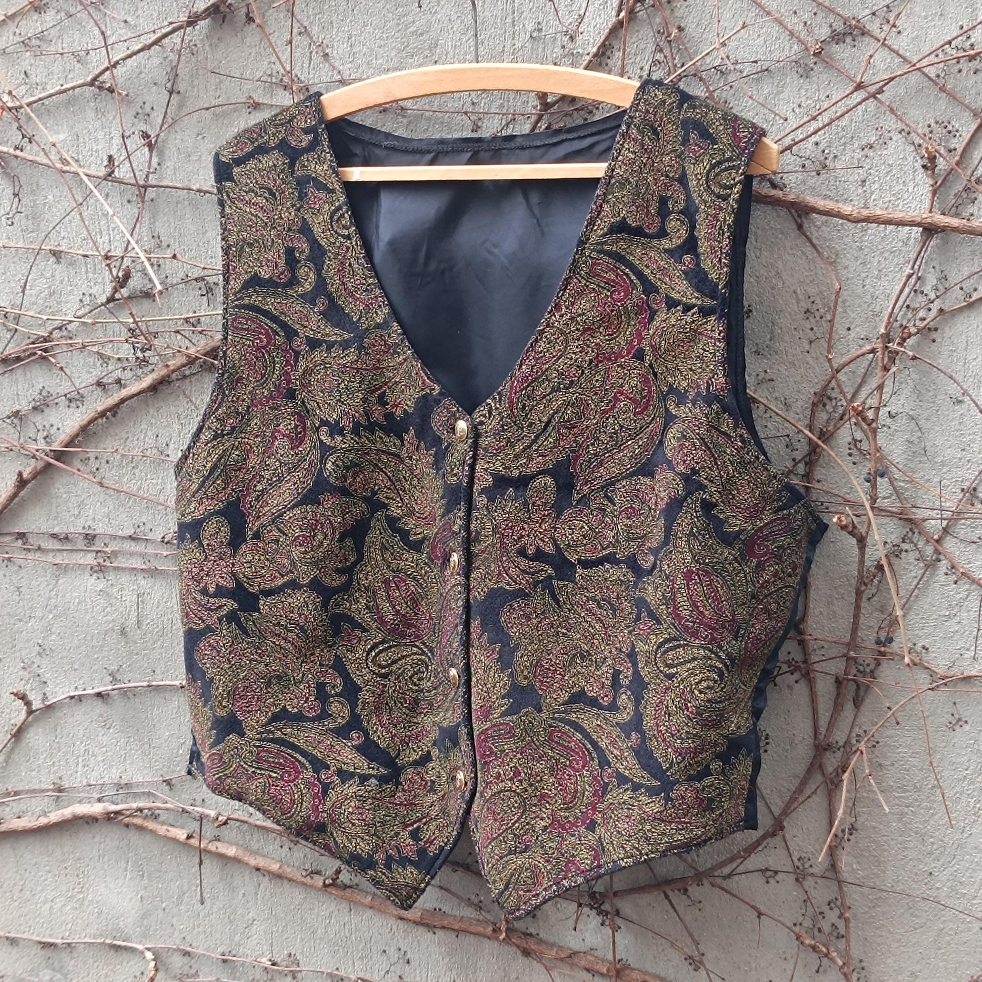 Vintage Paisley Tapestry Vest Brocade Waistcoat Dark Academia Boho Gilet Small