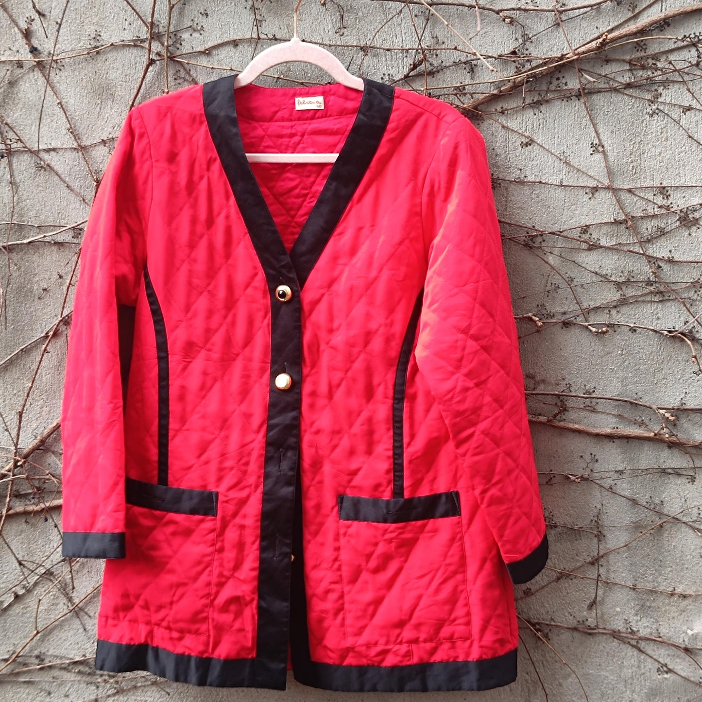 Vintage Red Quilted Jacket | Black Contrast Blazer Coat Gold Button Size 40