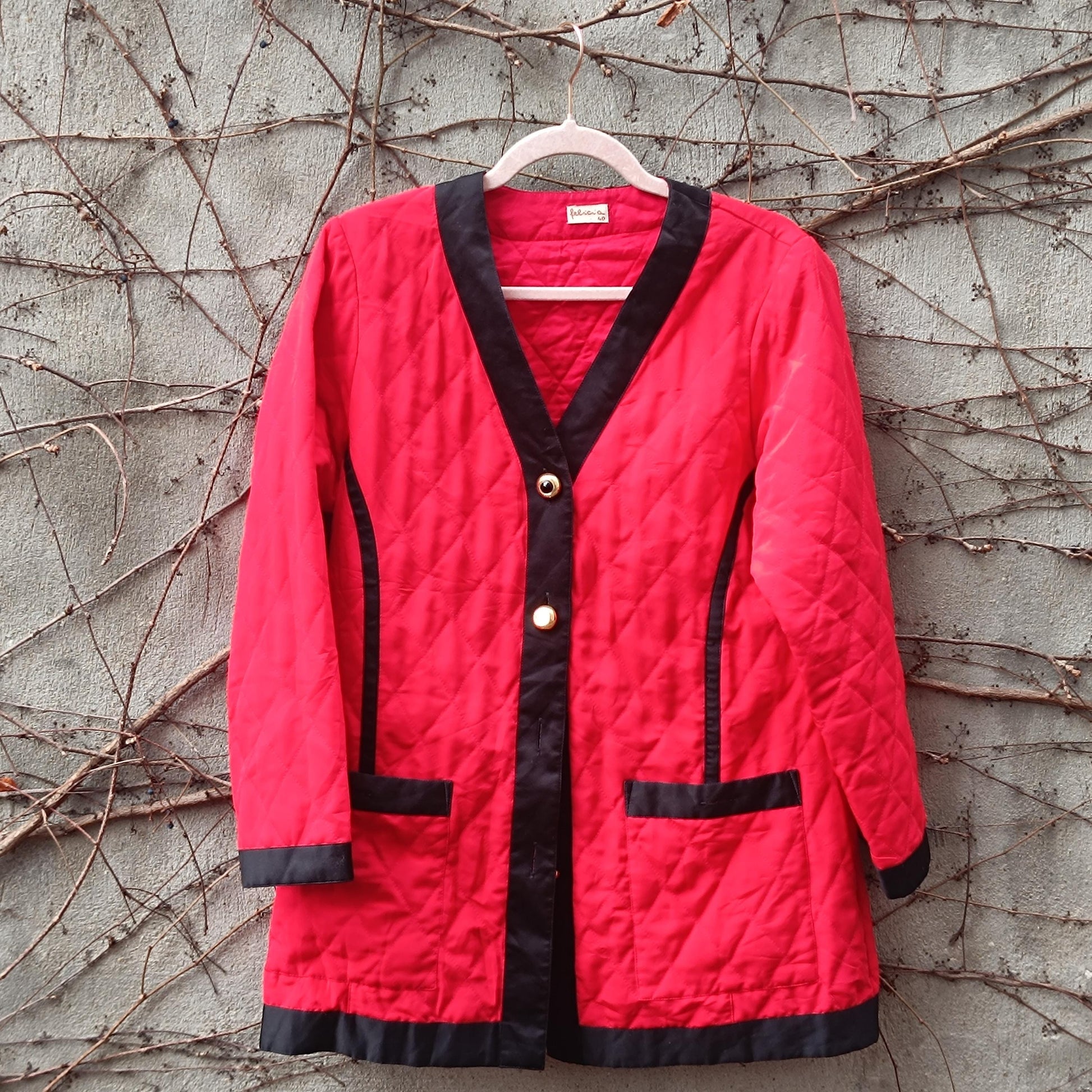 Vintage Red Quilted Jacket | Black Contrast Blazer Coat Gold Button Size 40