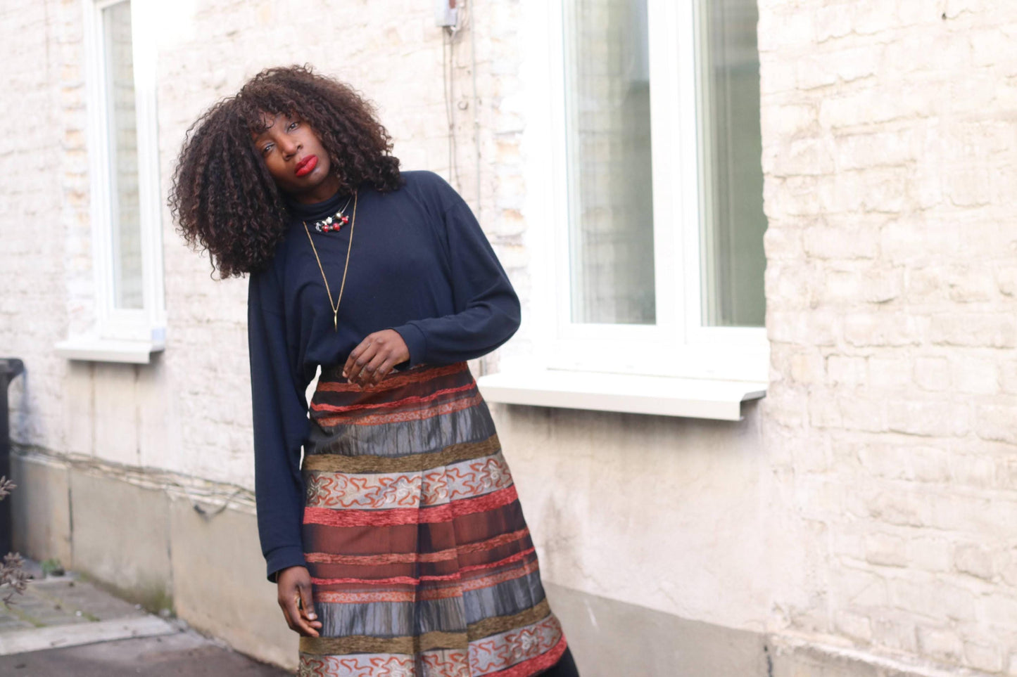 Vintage Textured Stripe Midi Skirt Metallic Bronze Red Mixed Media Party Skirt