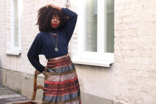 Vintage Textured Stripe Midi Skirt Metallic Bronze Red Mixed Media Party Skirt