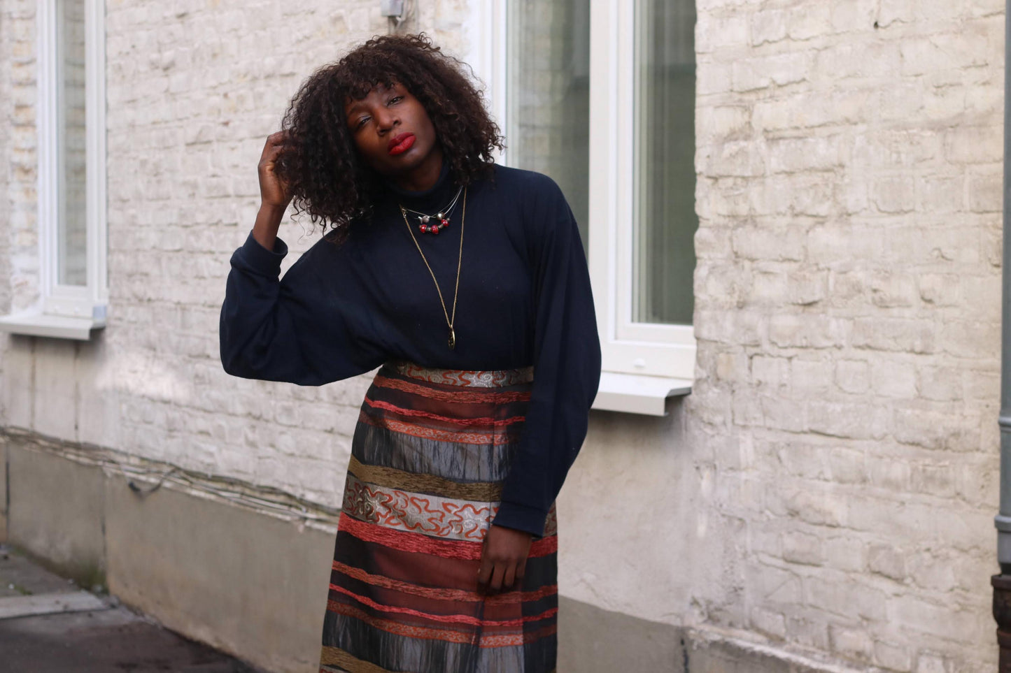 Vintage Textured Stripe Midi Skirt Metallic Bronze Red Mixed Media Party Skirt