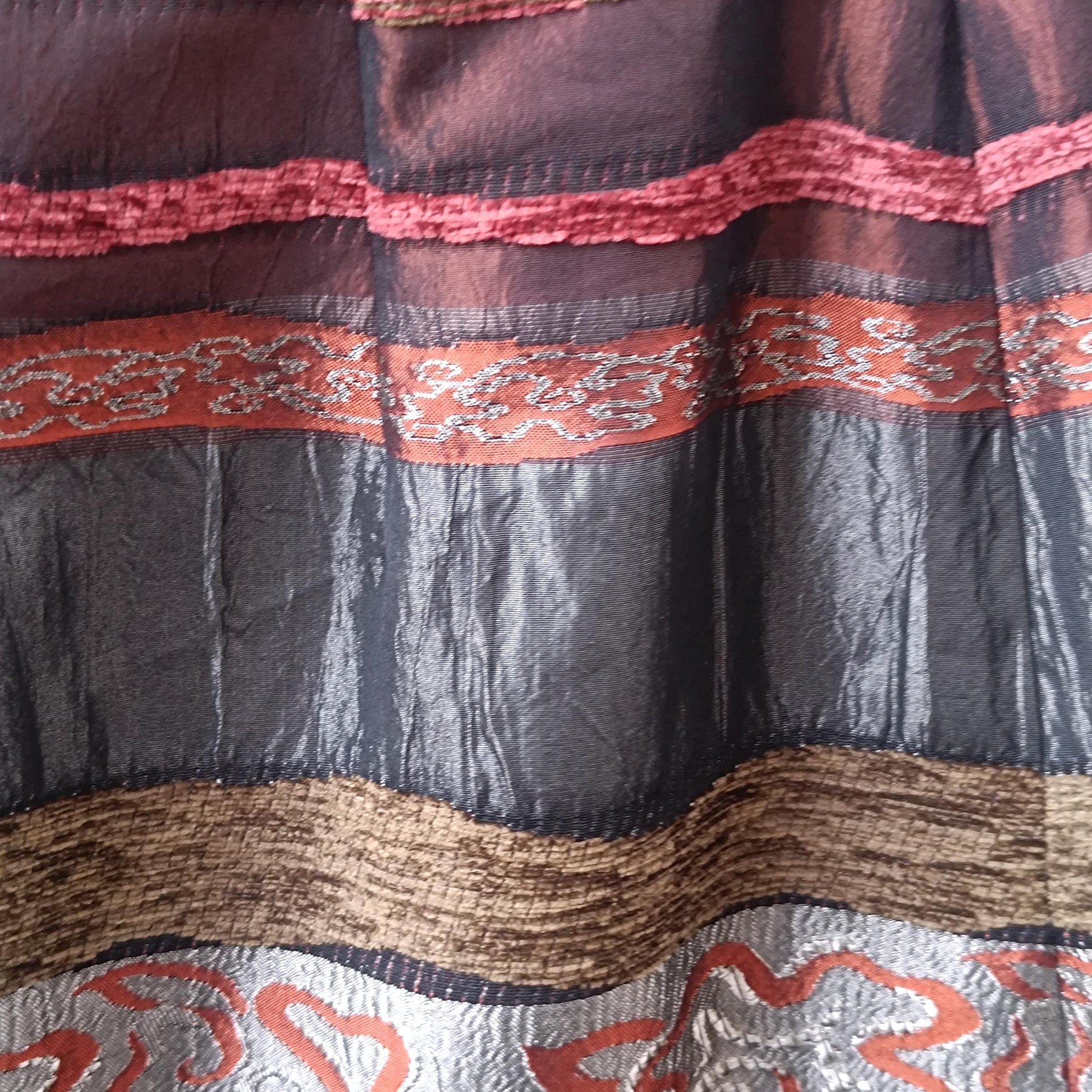 Vintage Textured Stripe Midi Skirt Metallic Bronze Red Mixed Media Party Skirt