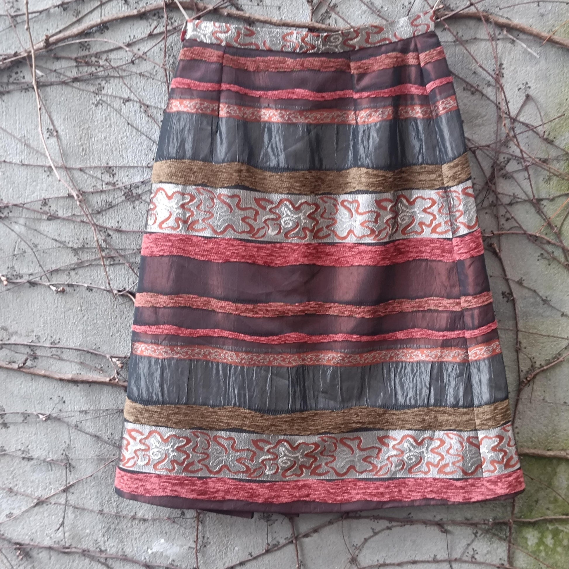 Vintage Textured Stripe Midi Skirt Metallic Bronze Red Mixed Media Party Skirt