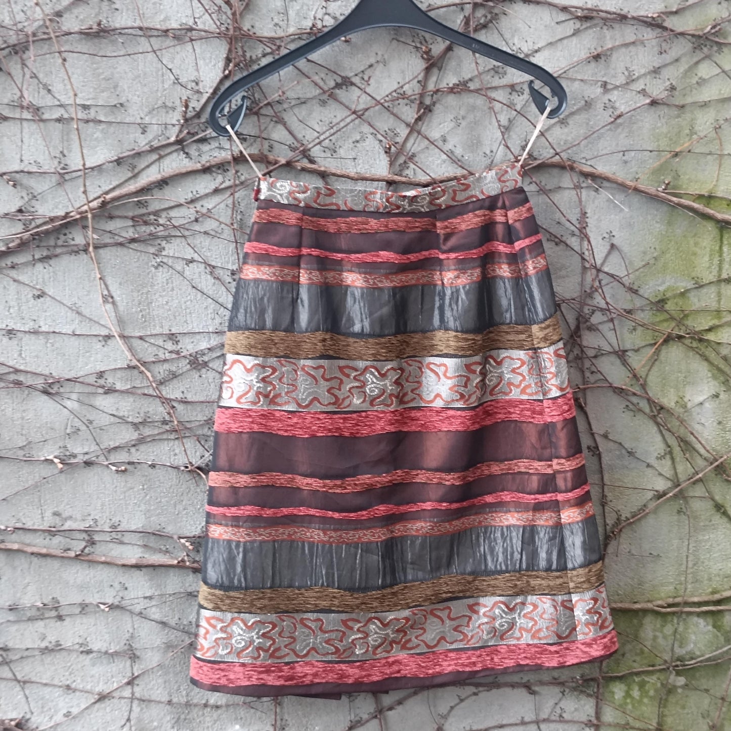 Vintage Textured Stripe Midi Skirt Metallic Bronze Red Mixed Media Party Skirt