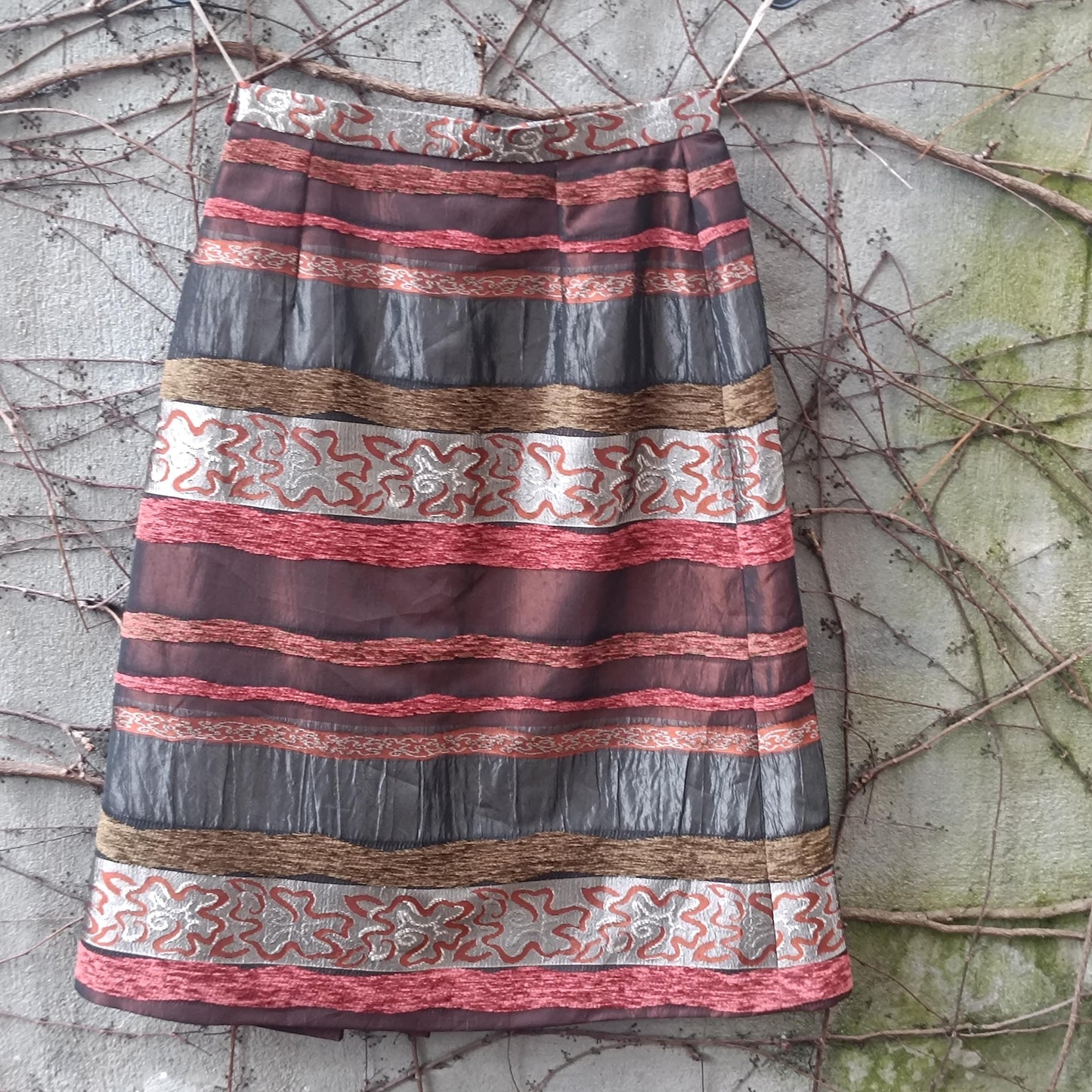 Vintage Textured Stripe Midi Skirt Metallic Bronze Red Mixed Media Party Skirt