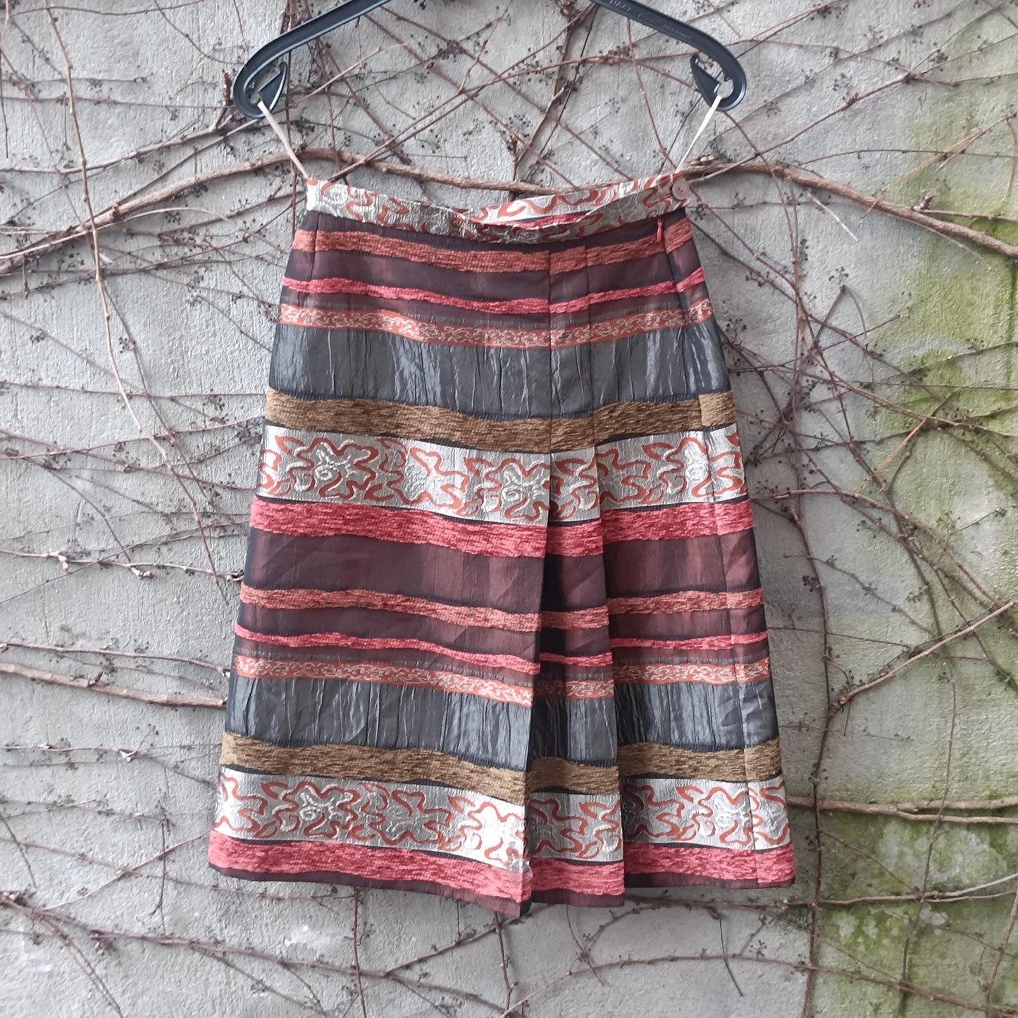 Vintage Textured Stripe Midi Skirt Metallic Bronze Red Mixed Media Party Skirt