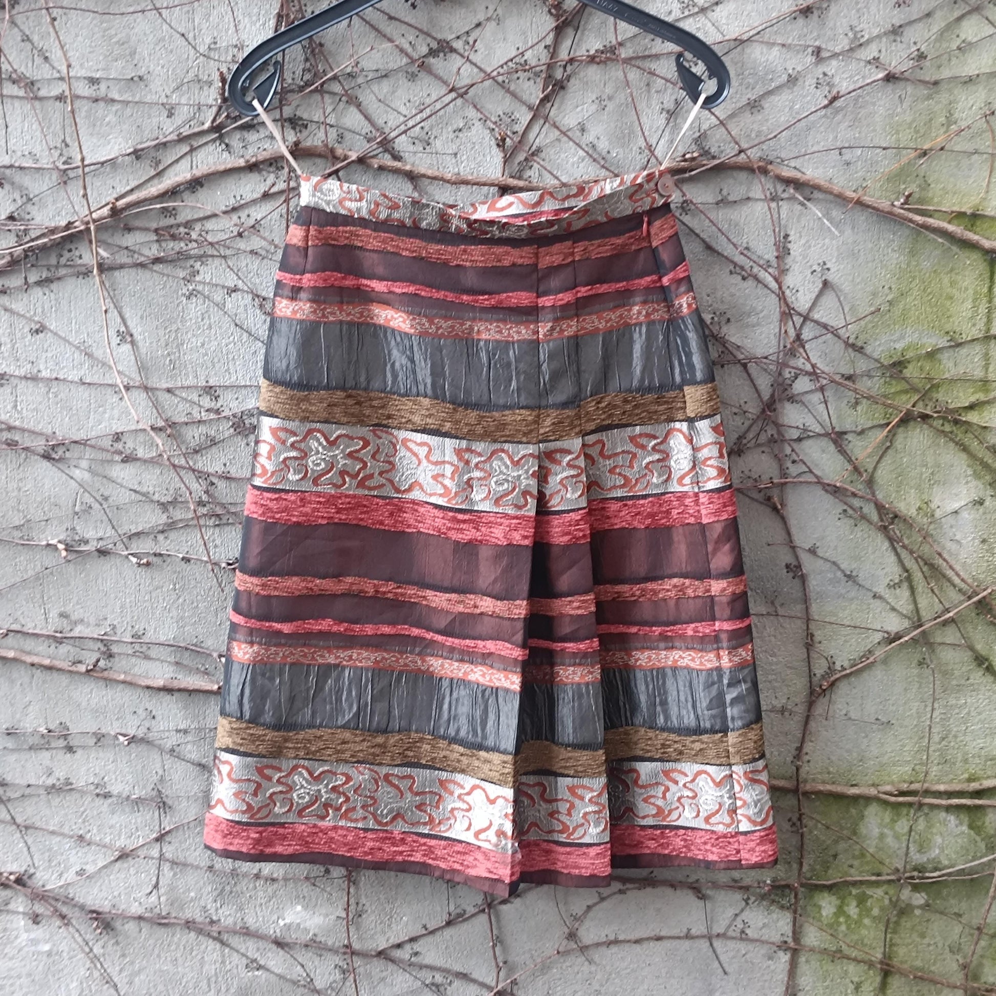 Vintage Textured Stripe Midi Skirt Metallic Bronze Red Mixed Media Party Skirt