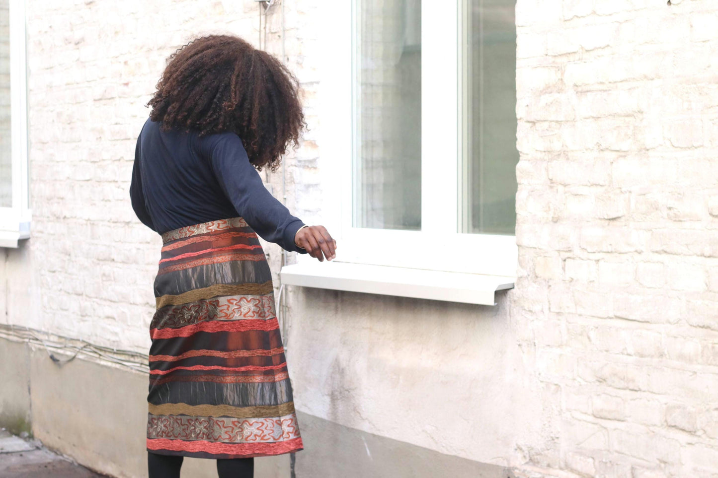 Vintage Textured Stripe Midi Skirt Metallic Bronze Red Mixed Media Party Skirt
