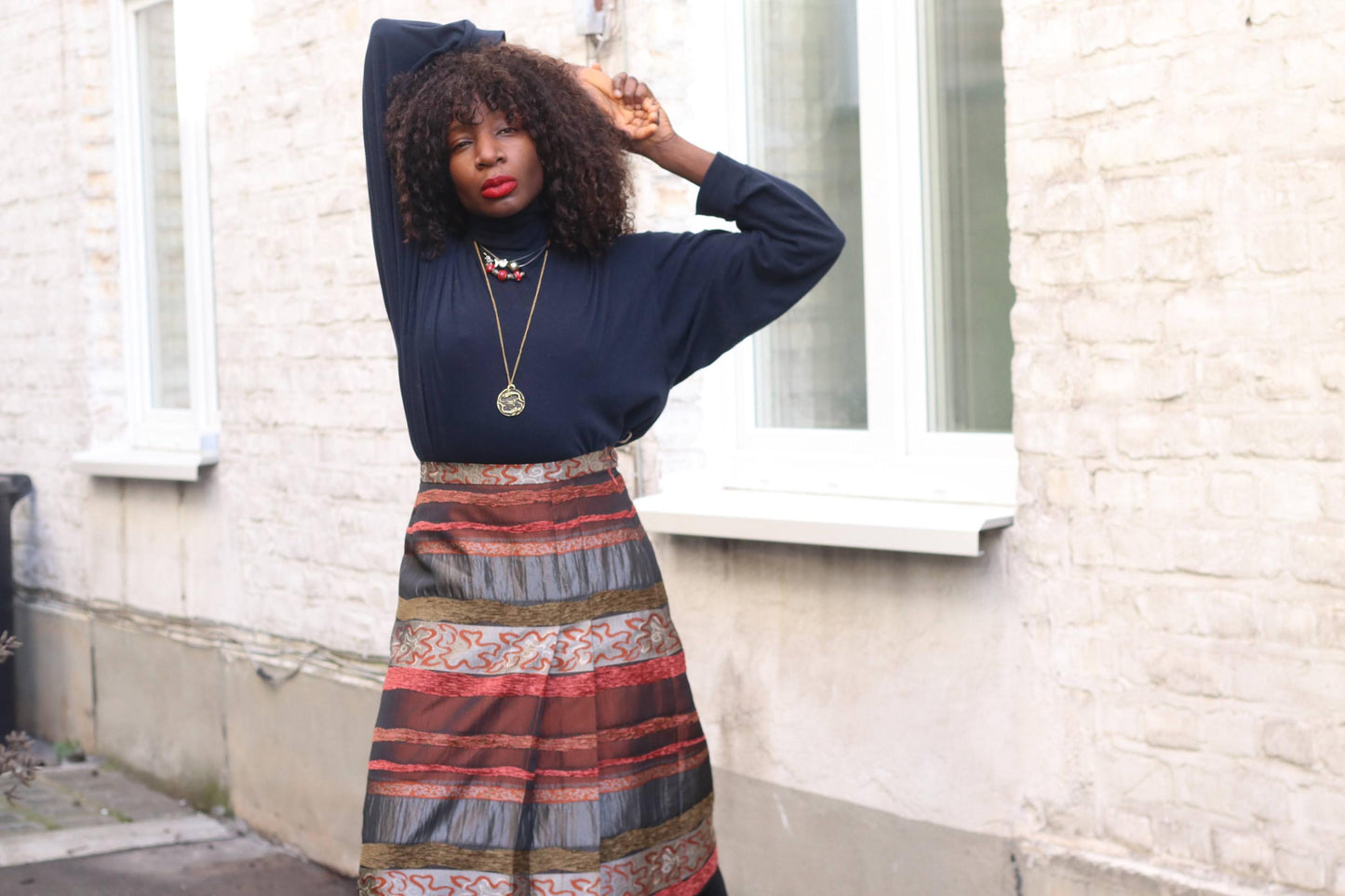 Vintage Textured Stripe Midi Skirt Metallic Bronze Red Mixed Media Party Skirt