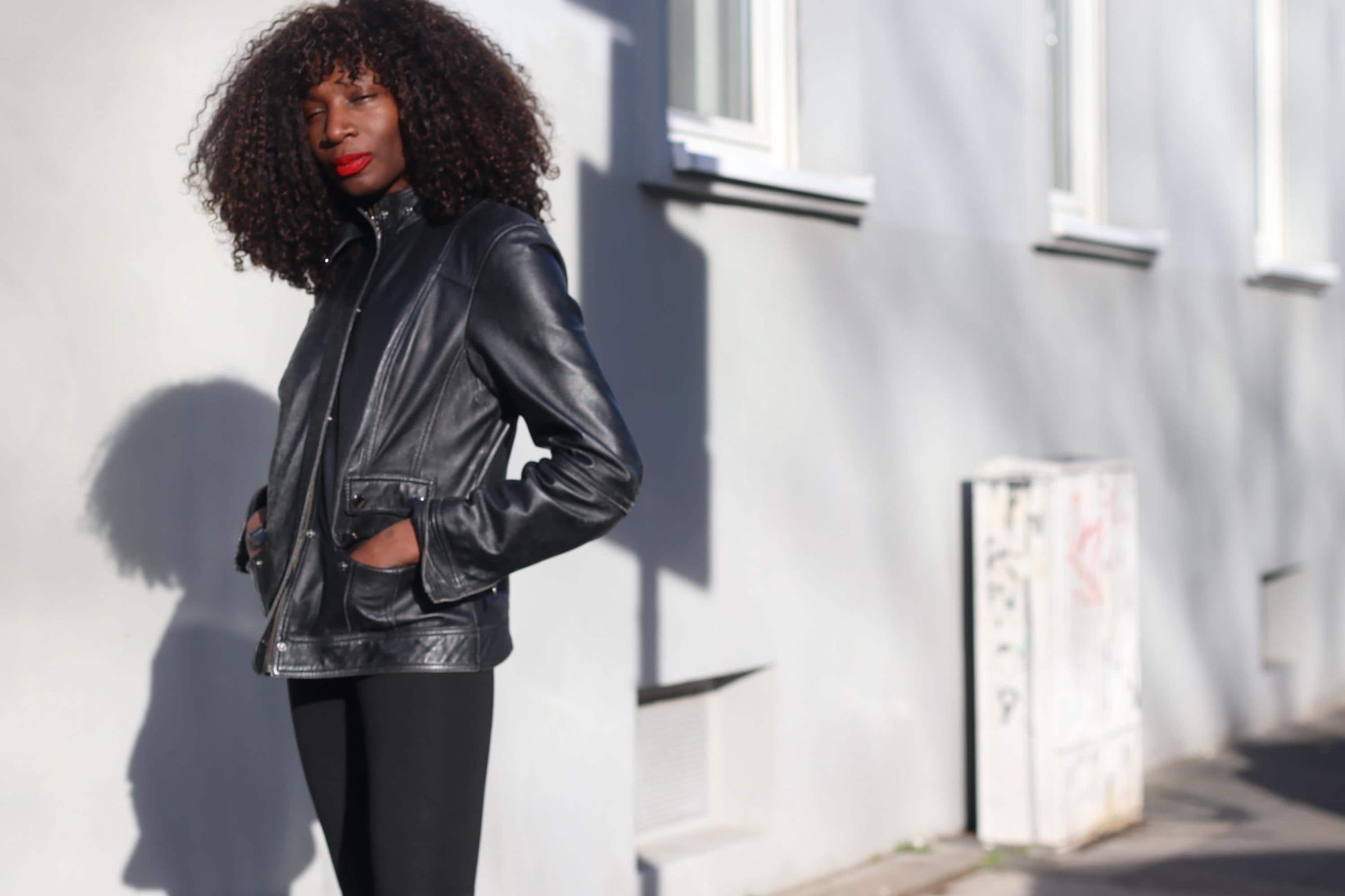 Vintage 90s Black Leather Jacket Minimalist Biker Style Women