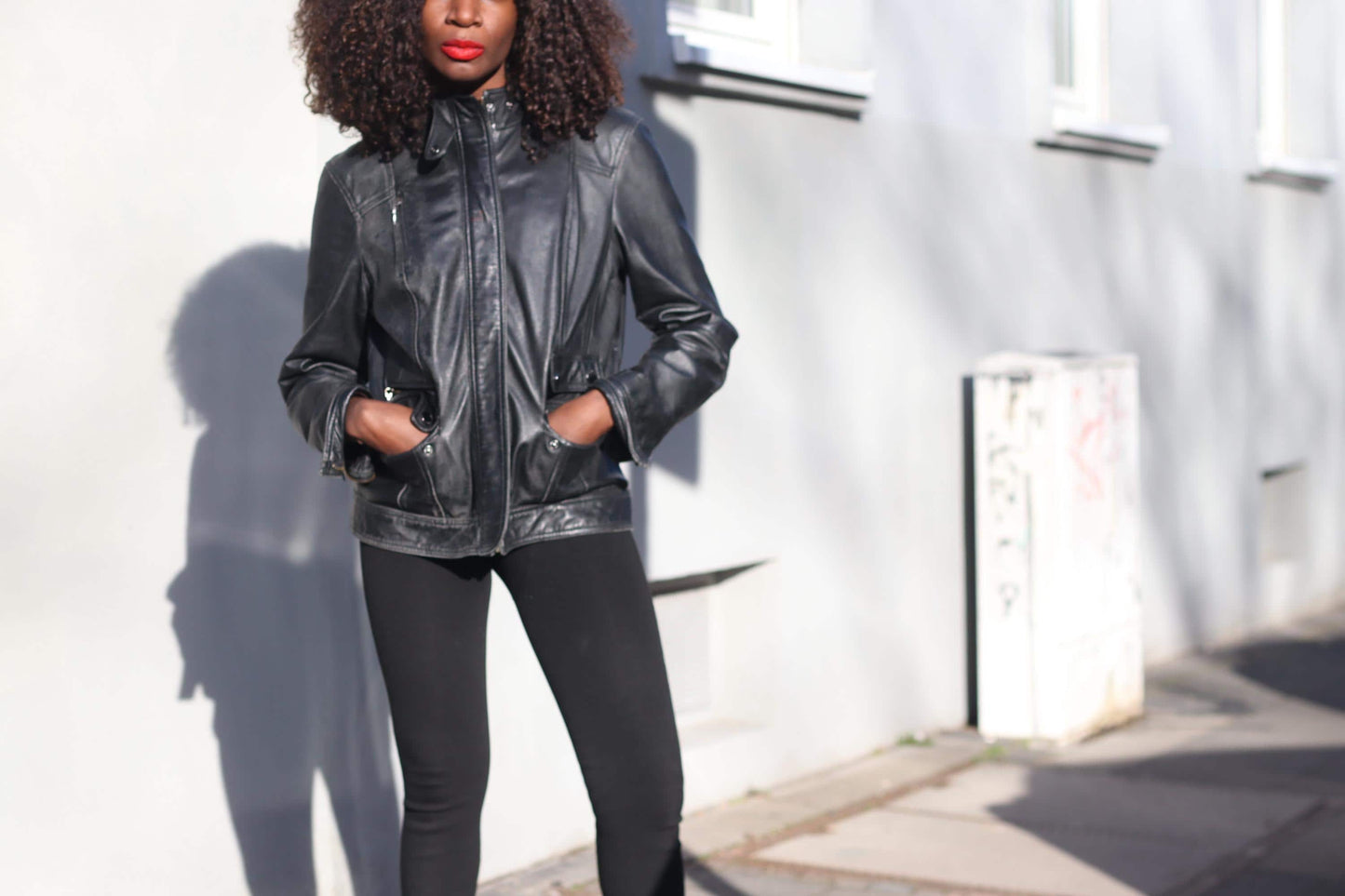 Vintage 90s Black Leather Jacket Minimalist Biker Style Women