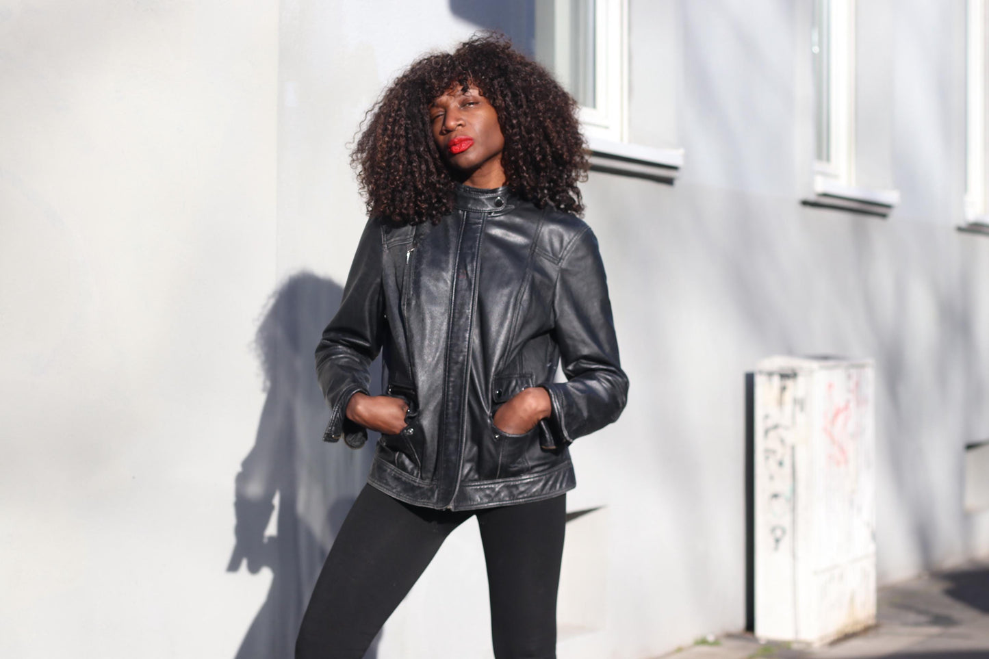 Vintage 90s Black Leather Jacket Minimalist Biker Style Women