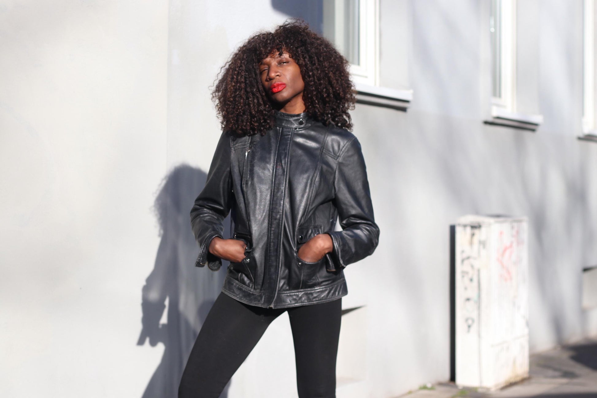Vintage 90s Black Leather Jacket Minimalist Biker Style Women