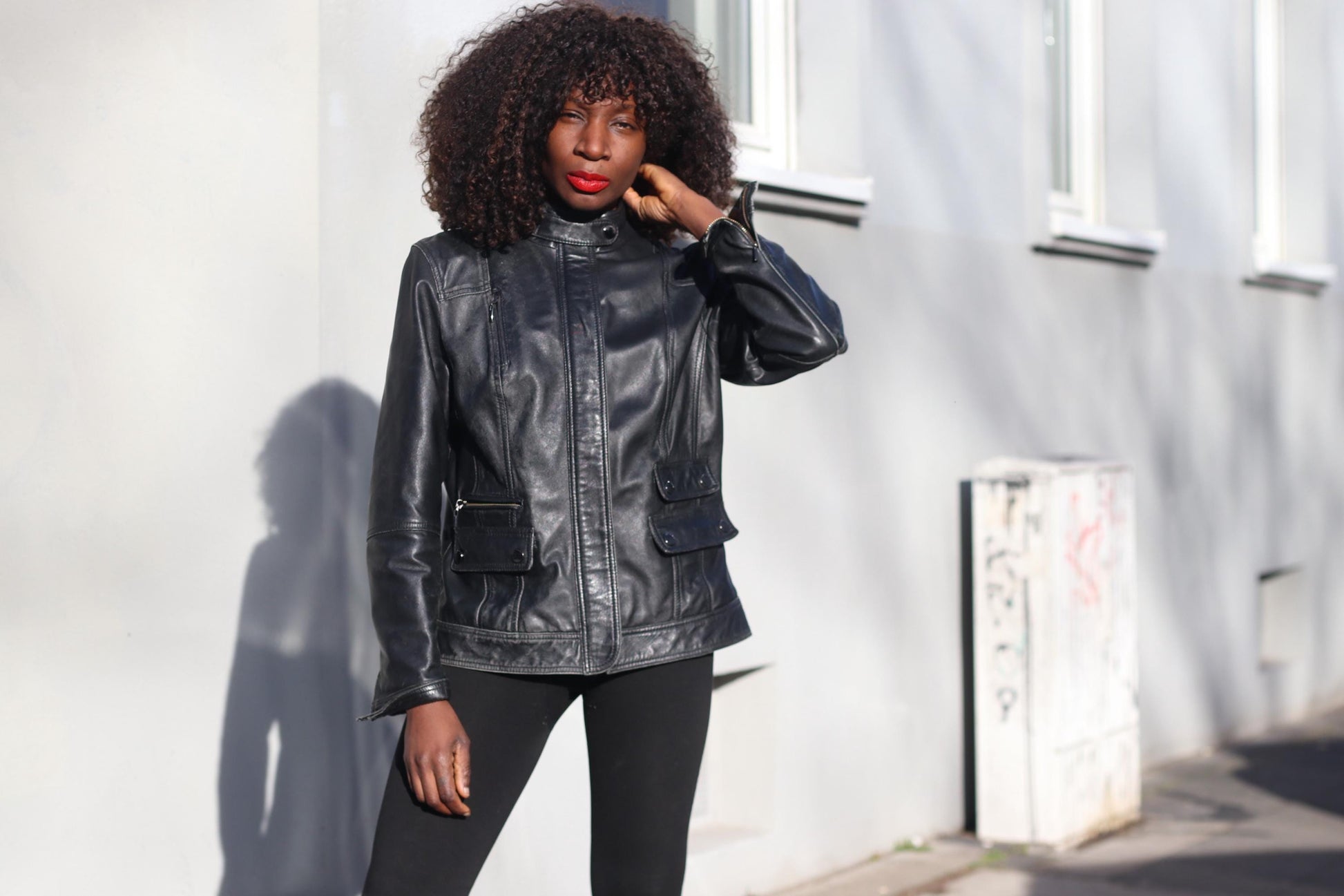 Vintage 90s Black Leather Jacket Minimalist Biker Style Women