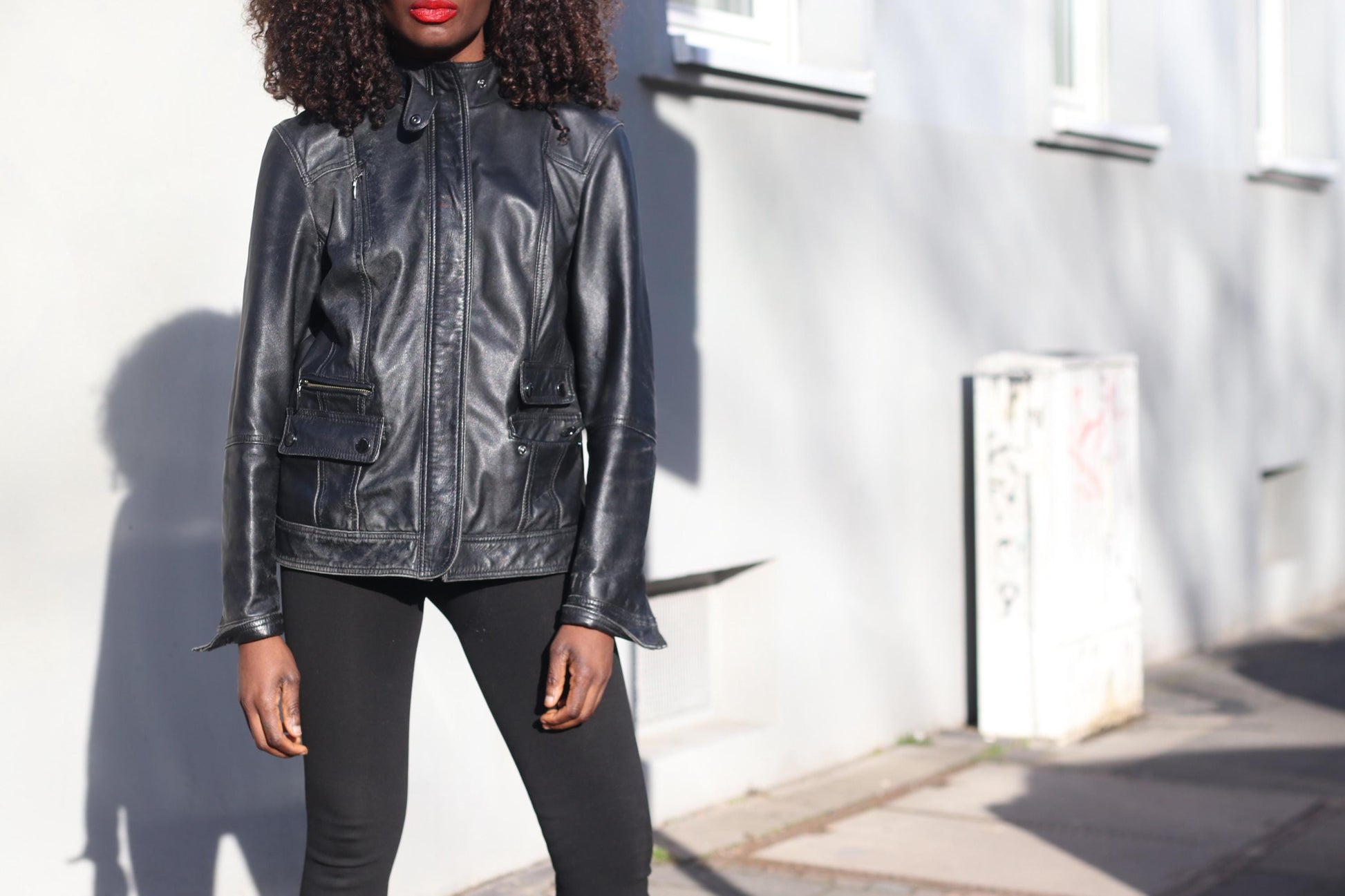 Vintage 90s Black Leather Jacket Minimalist Biker Style Women