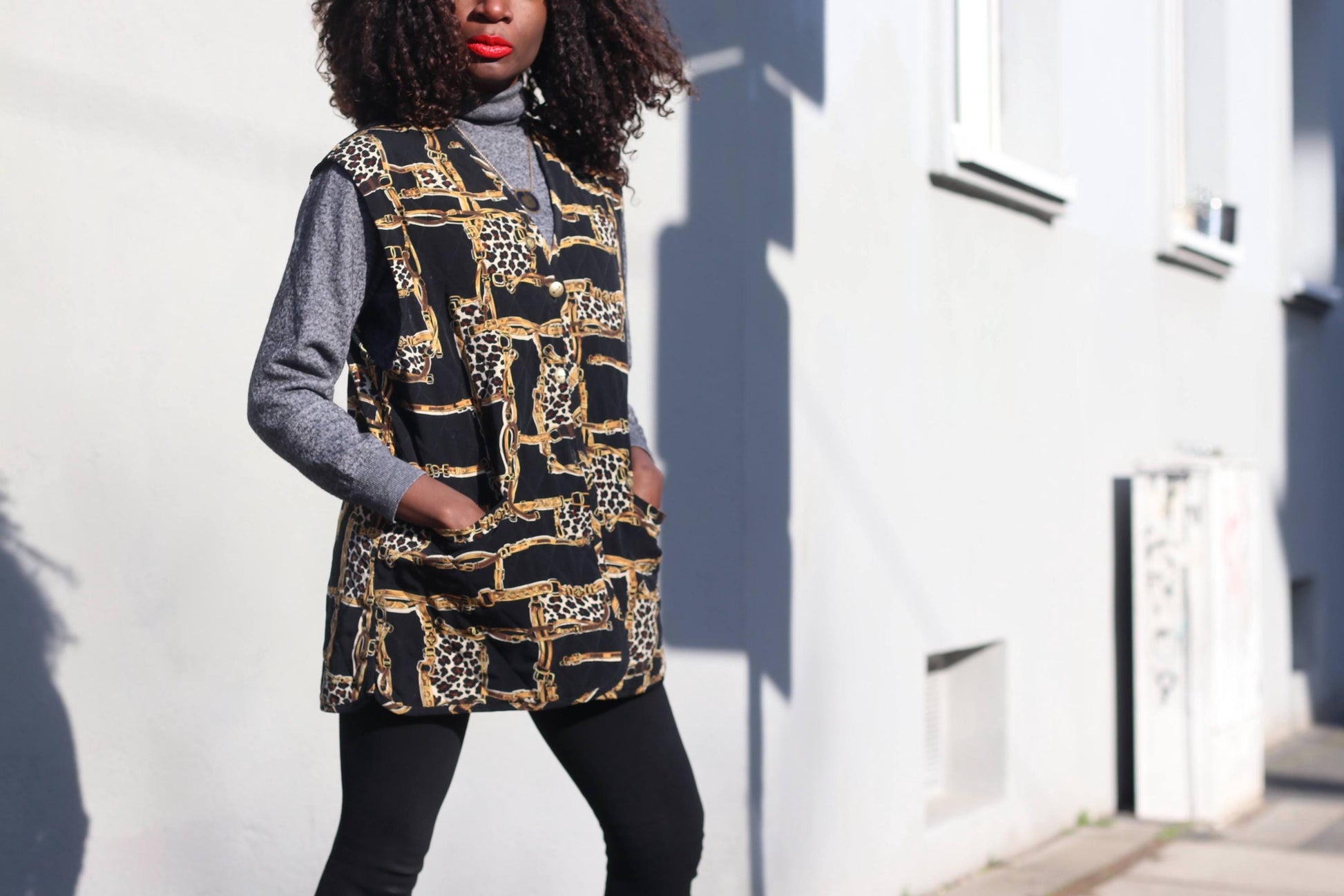 Vintage Quilted Vest Chain Print Leopard Waistcoat 90s Sleeveless Jacket Medium