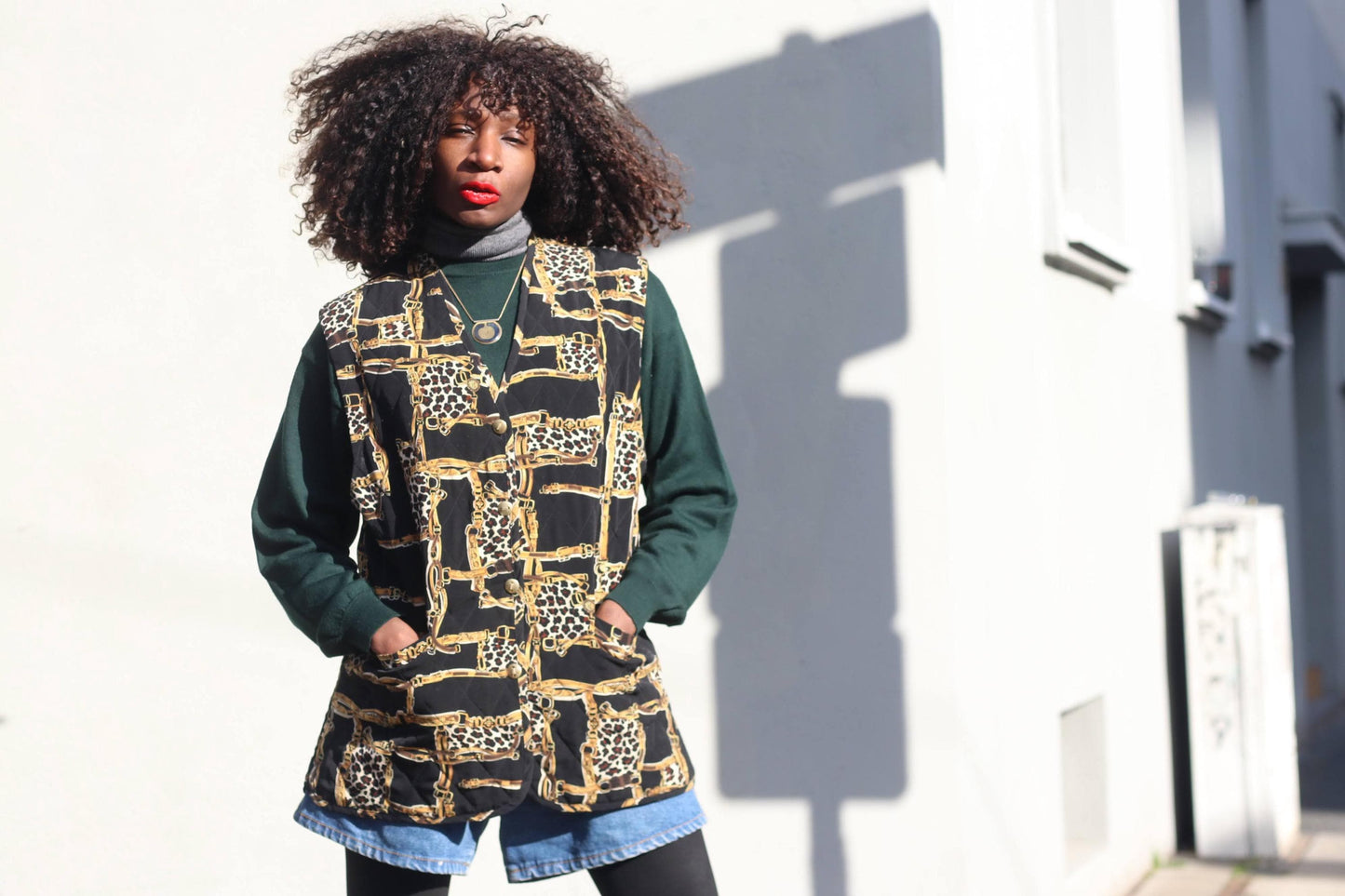 Vintage Quilted Vest Chain Print Leopard Waistcoat 90s Sleeveless Jacket Medium