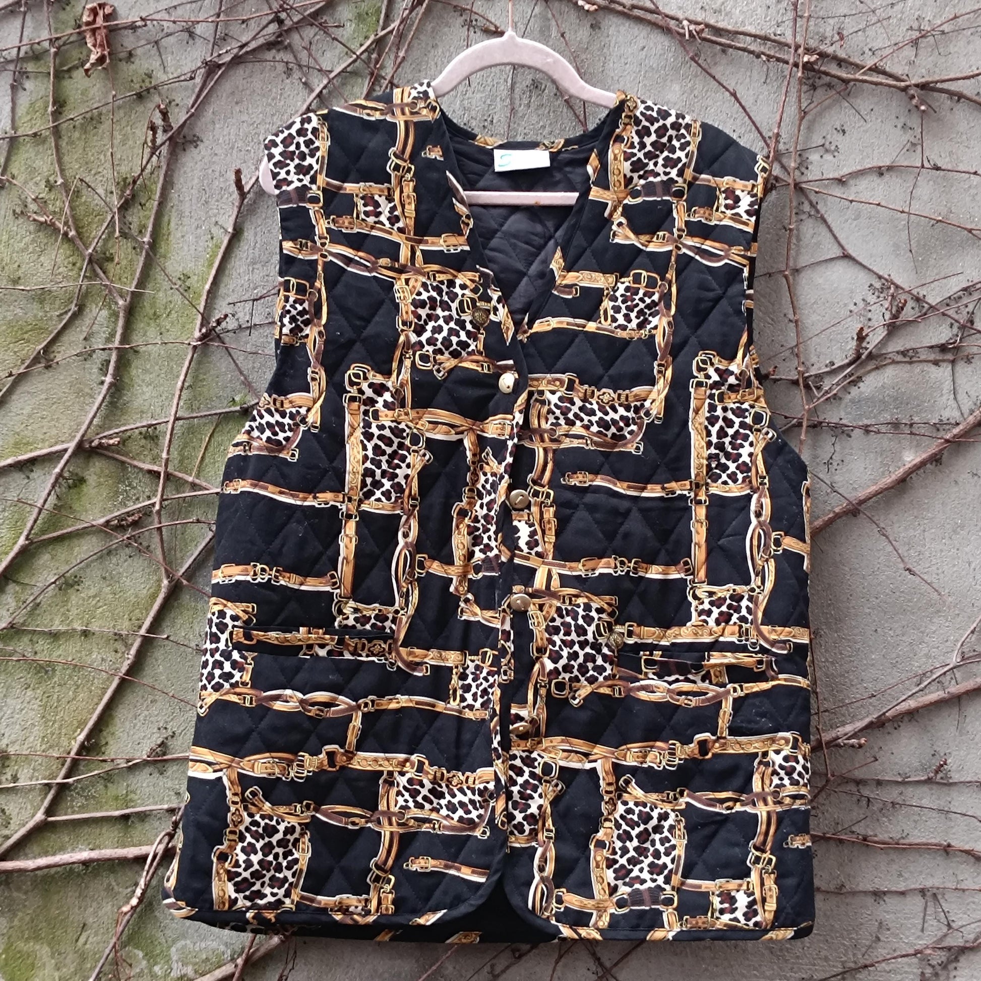 Vintage Quilted Vest Chain Print Leopard Waistcoat 90s Sleeveless Jacket Medium