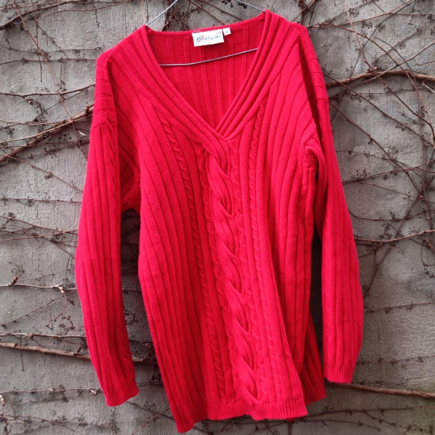 Vintage Red Cotton Cable Knit Sweater V-Neck Oversized 90s Preppy Pierre Cavallo