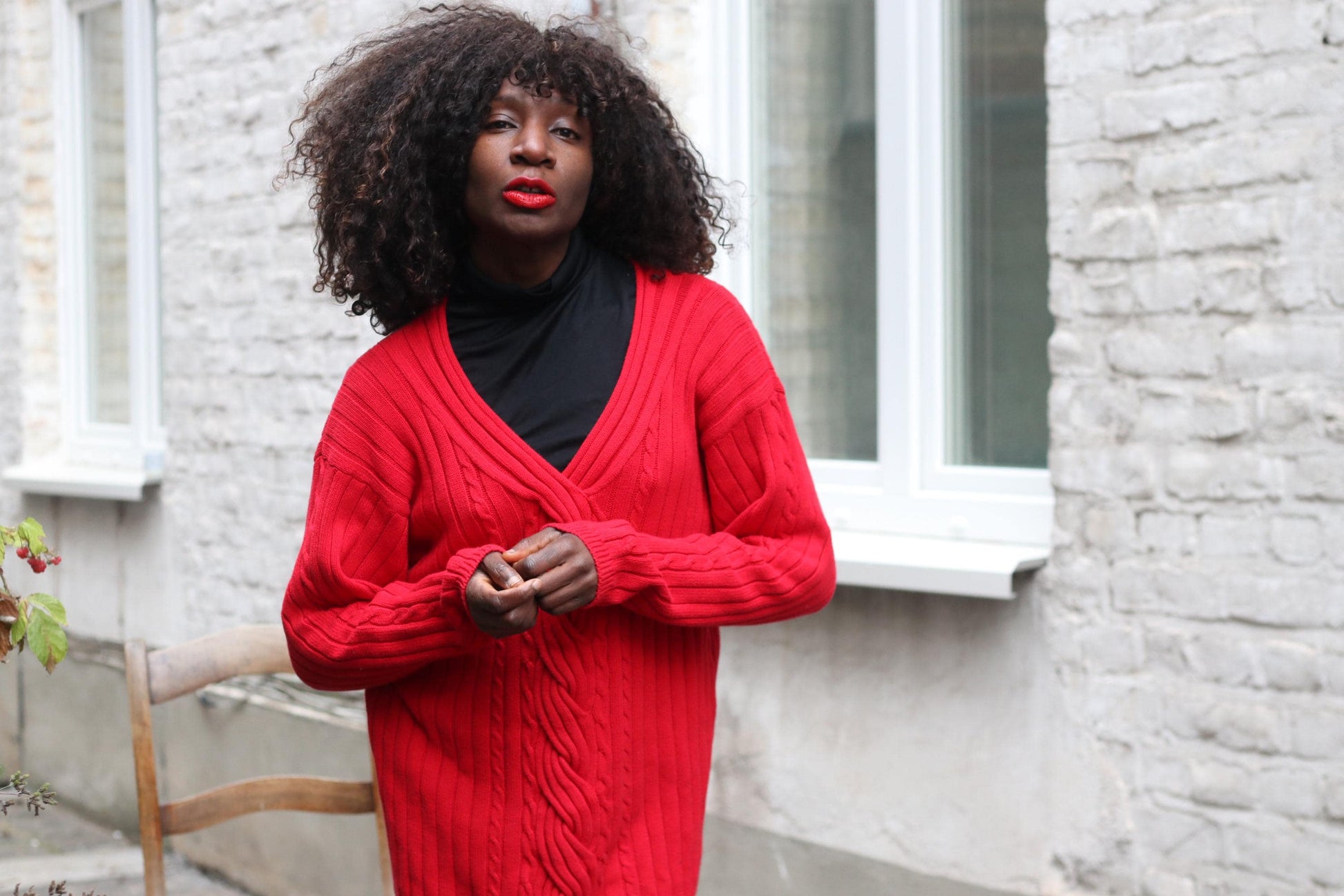 Vintage Red Cotton Cable Knit Sweater V-Neck Oversized 90s Preppy Pierre Cavallo