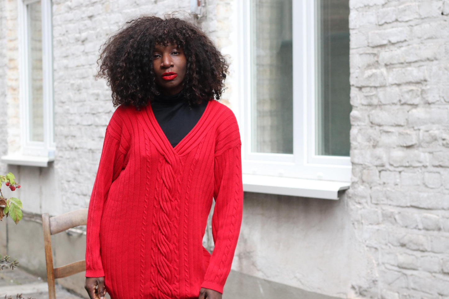 Vintage Red Cotton Cable Knit Sweater V-Neck Oversized 90s Preppy Pierre Cavallo