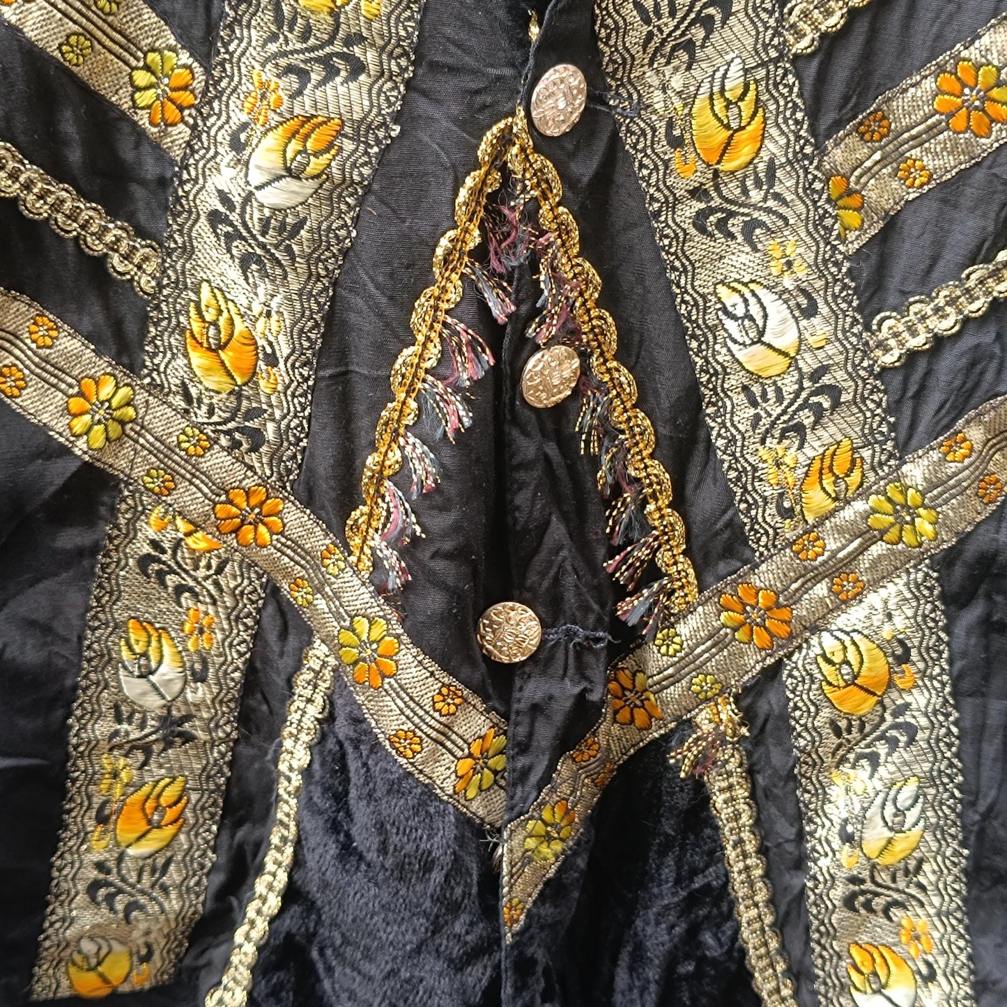 Vintage Embroidered Folk Vest Black Velvet Gold Brocade Waistcoat Boho Festival Top