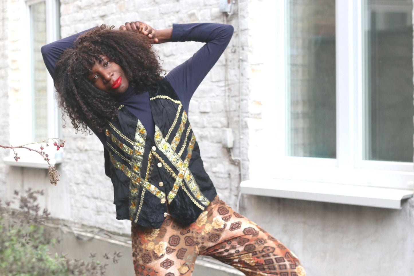 Vintage Embroidered Folk Vest Black Velvet Gold Brocade Waistcoat Boho Festival Top