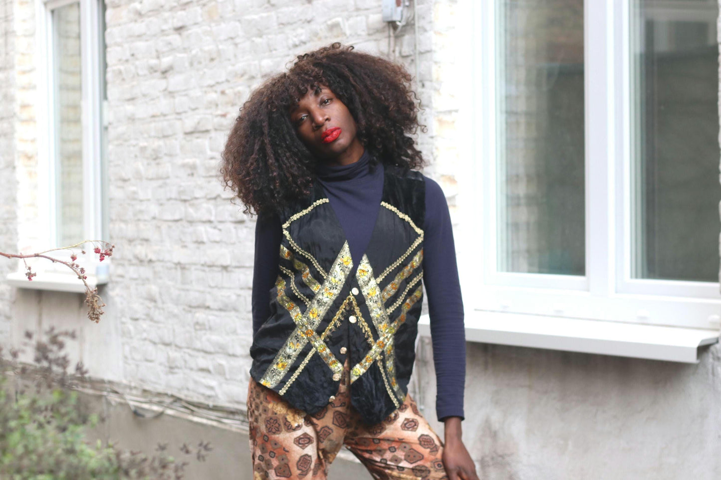 Vintage Embroidered Folk Vest Black Velvet Gold Brocade Waistcoat Boho Festival Top