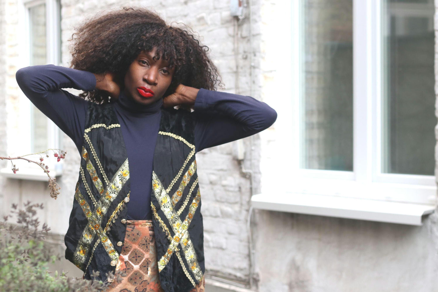 Vintage Embroidered Folk Vest Black Velvet Gold Brocade Waistcoat Boho Festival Top