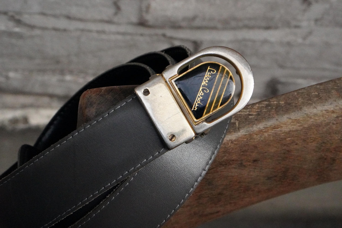 Vintage Pierre Cardin Belt – 1980s Gold Logo Buckle Grey Leather Designer