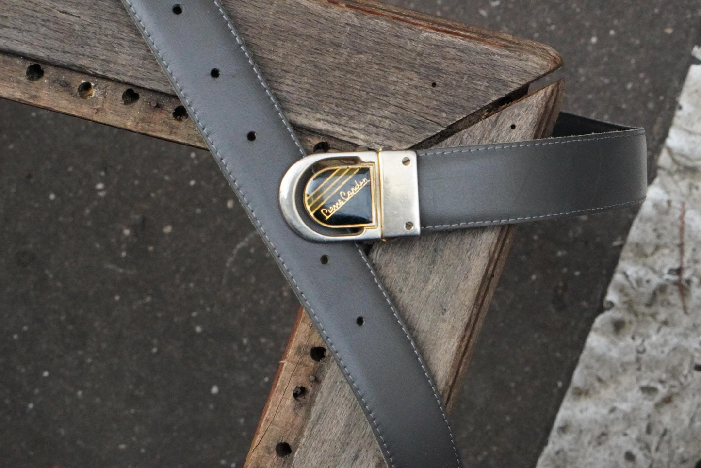 Vintage Pierre Cardin Belt – 1980s Gold Logo Buckle Grey Leather Designer