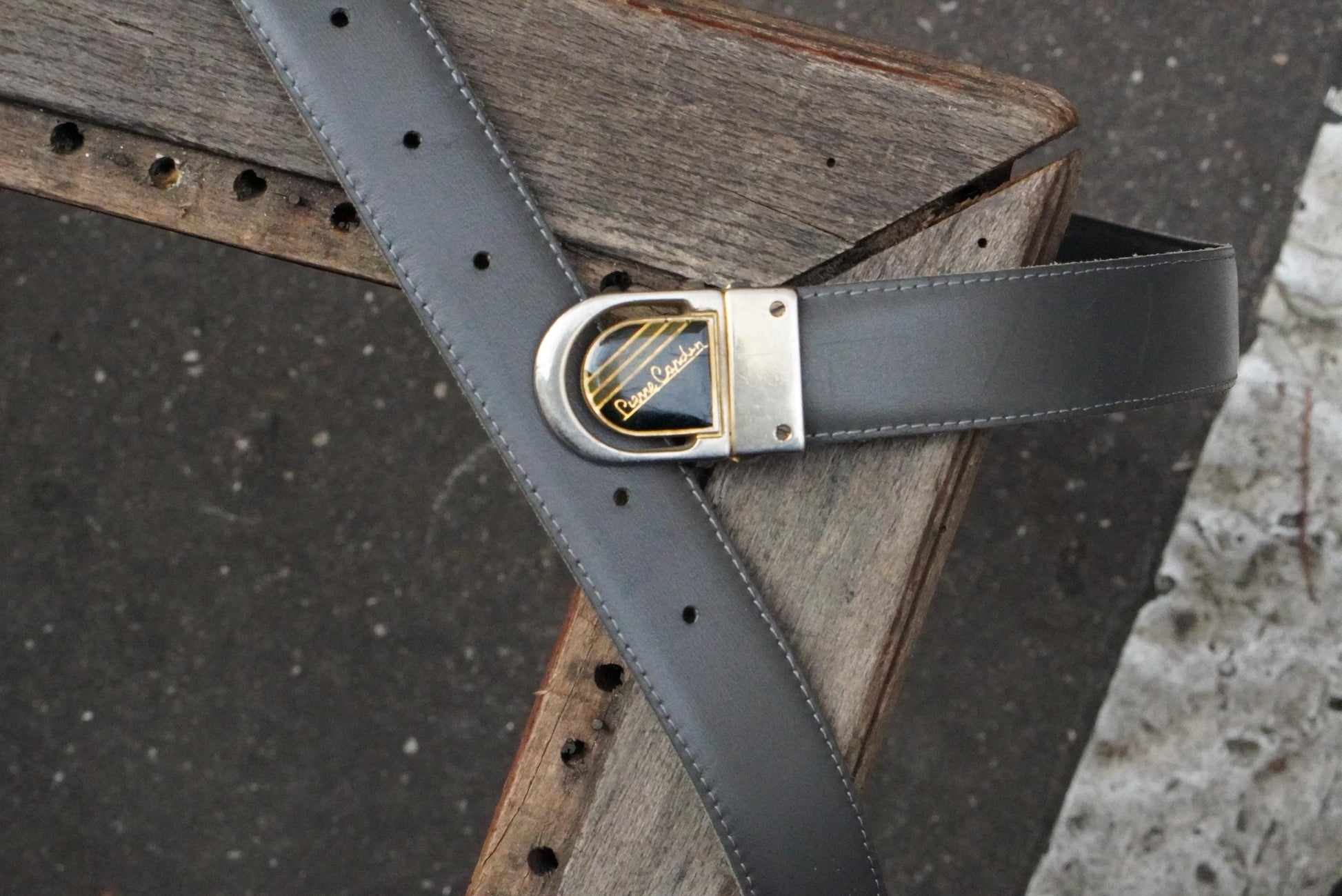 Vintage Pierre Cardin Belt – 1980s Gold Logo Buckle Grey Leather Designer