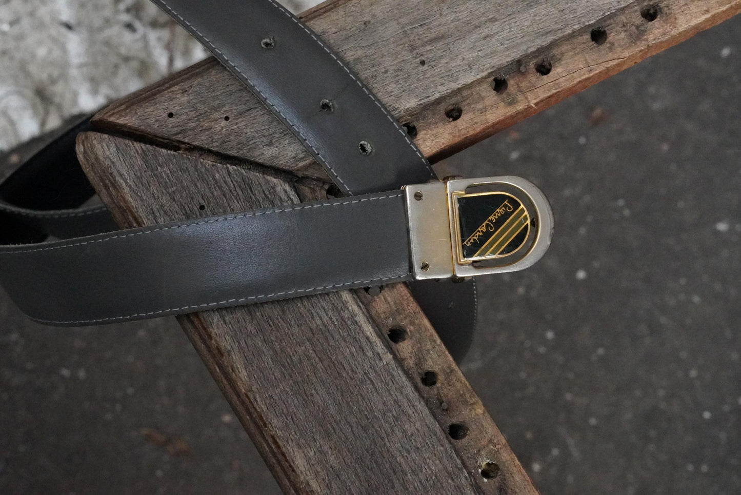 Vintage Pierre Cardin Belt – 1980s Gold Logo Buckle Grey Leather Designer