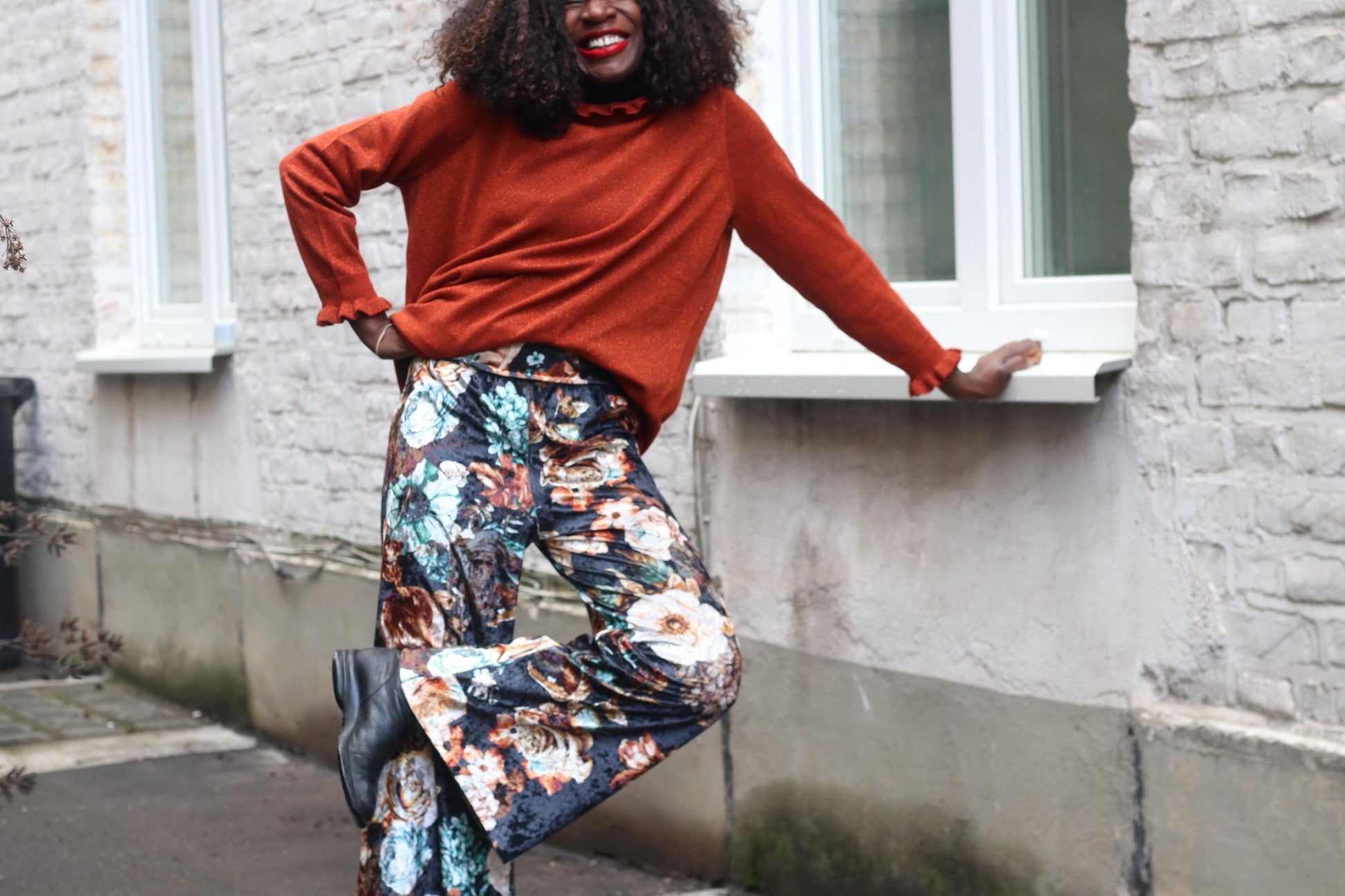 Floral Velvet Wide Leg Trousers Vintage Style High Waist Palazzo Pants S