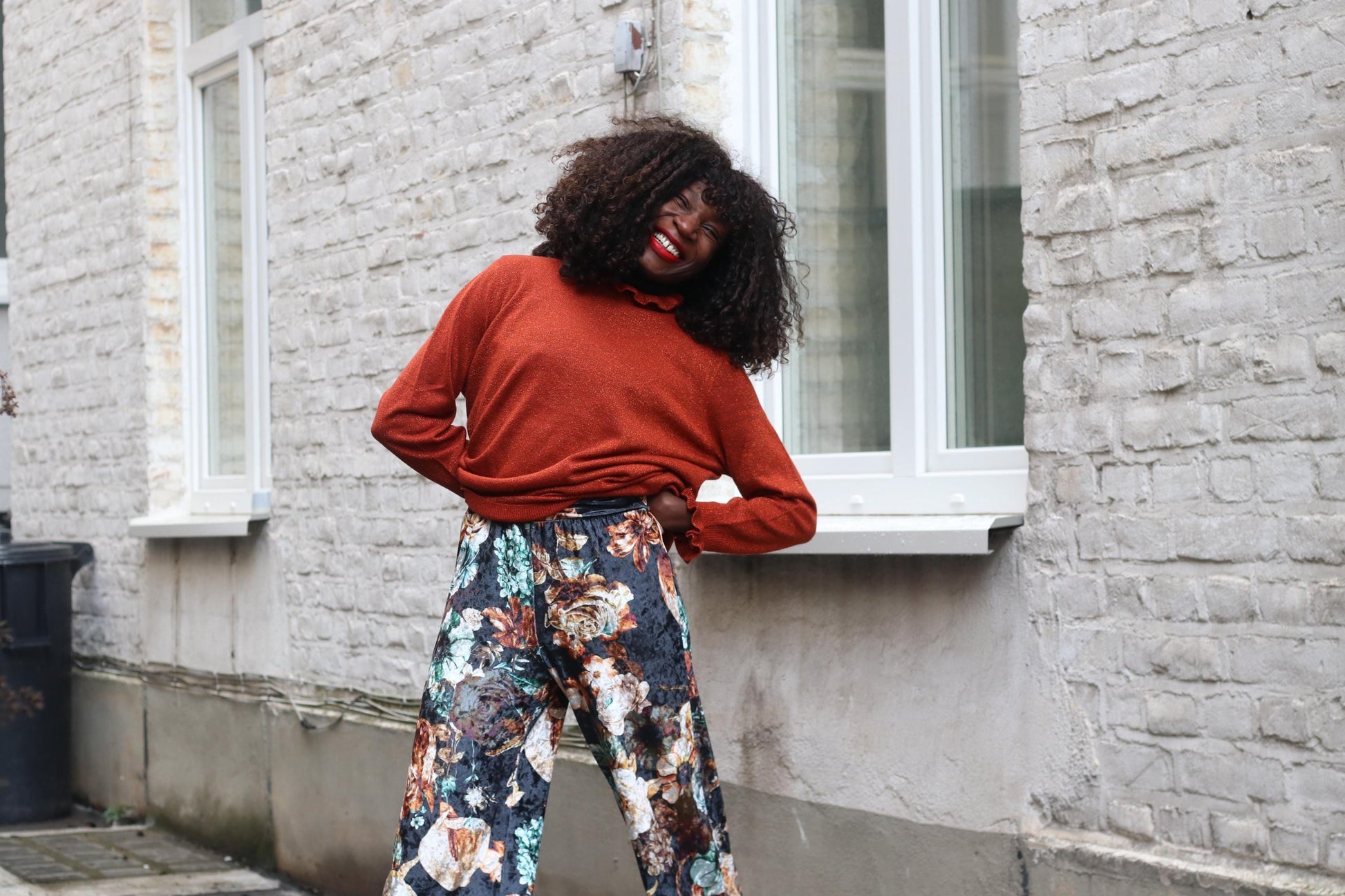 Floral Velvet Wide Leg Trousers Vintage Style High Waist Palazzo Pants S