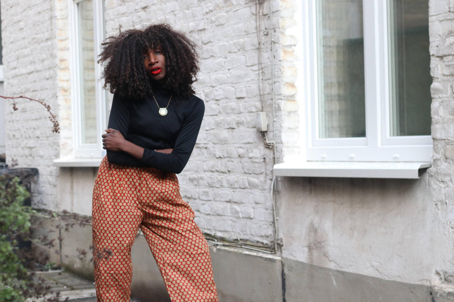 Vintage Polka Dot Trousers High Waisted Cotton Pants Red Beige Wide Leg XL Brussels