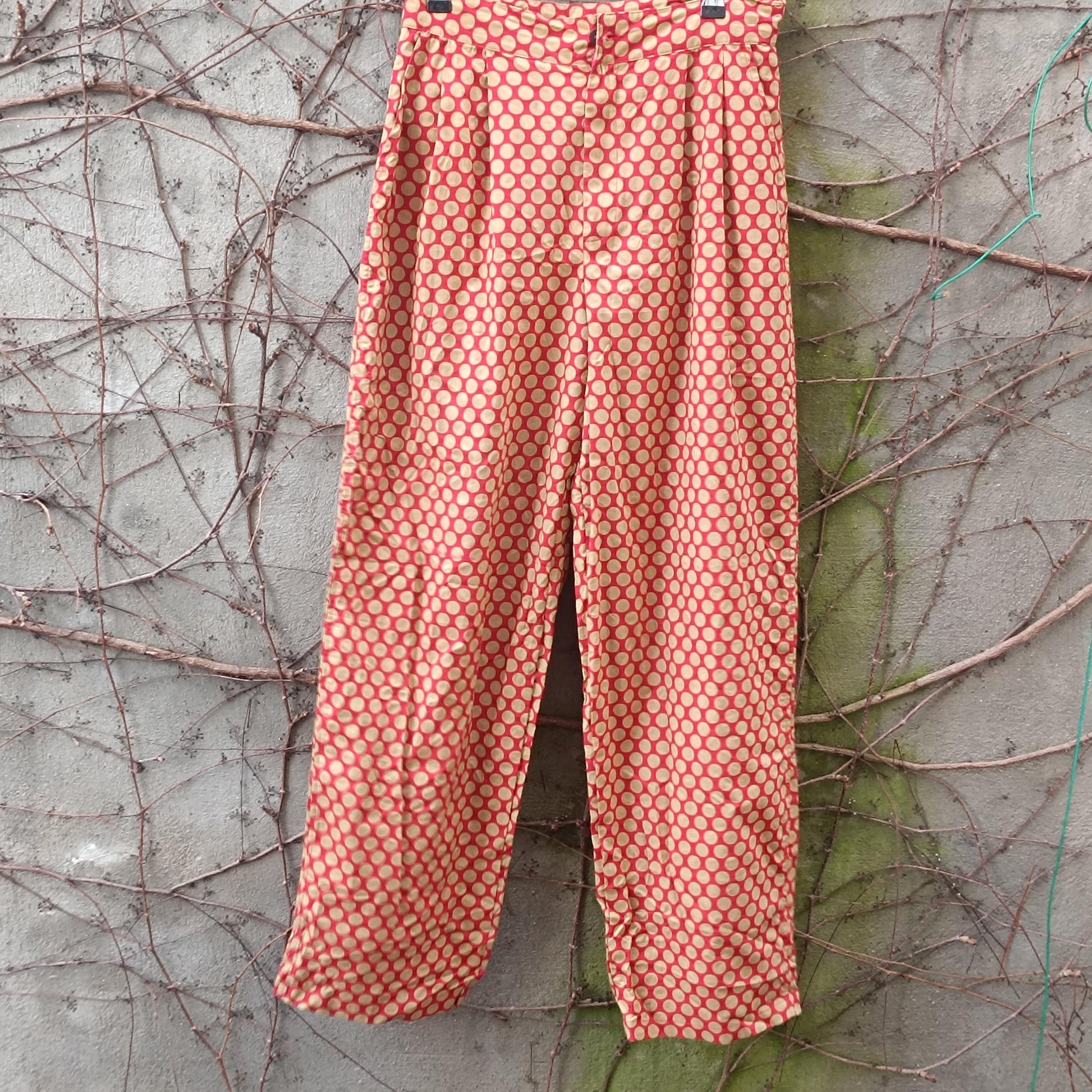 Vintage Polka Dot Trousers High Waisted Cotton Pants Red Beige Wide Leg XL Brussels
