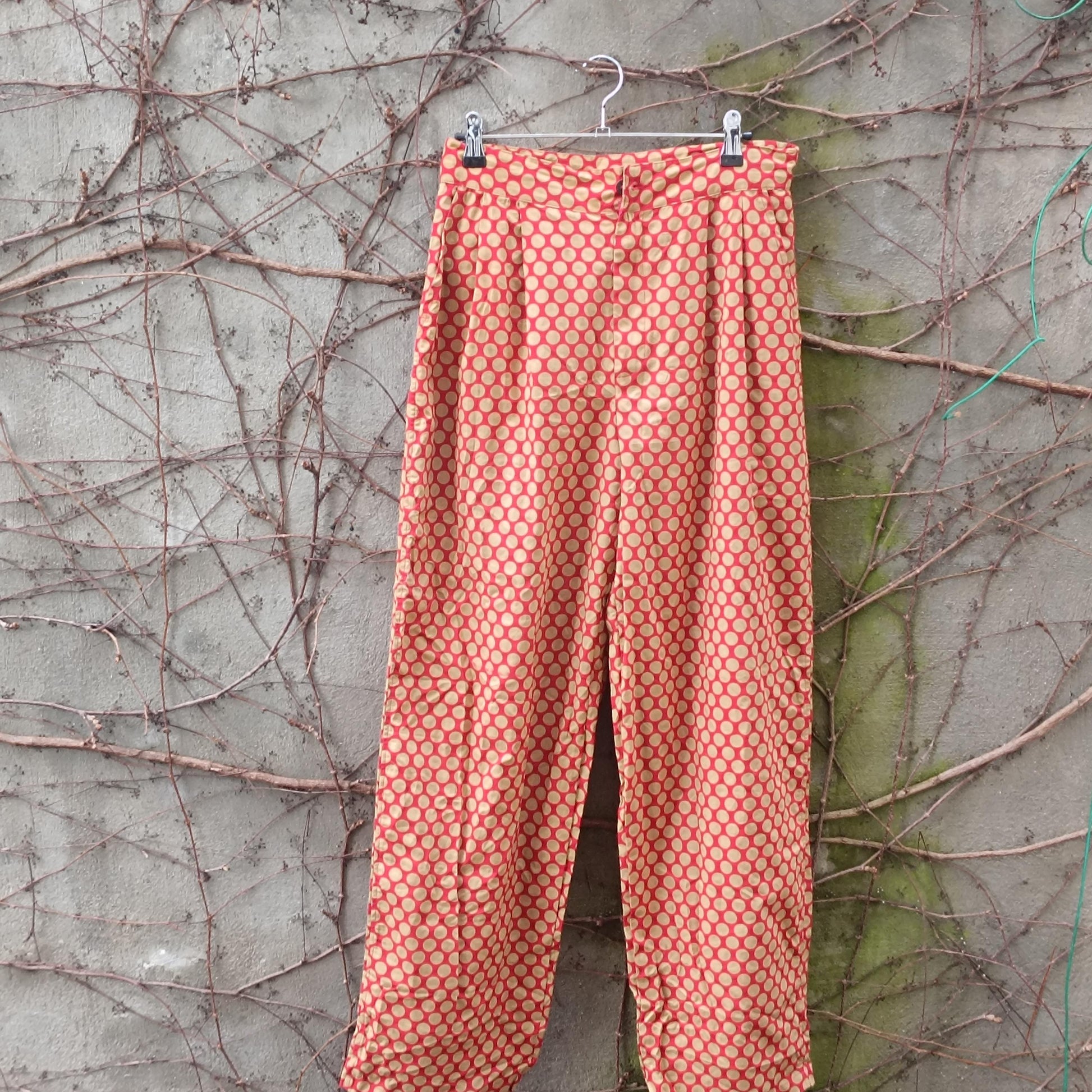 Vintage Polka Dot Trousers High Waisted Cotton Pants Red Beige Wide Leg XL Brussels