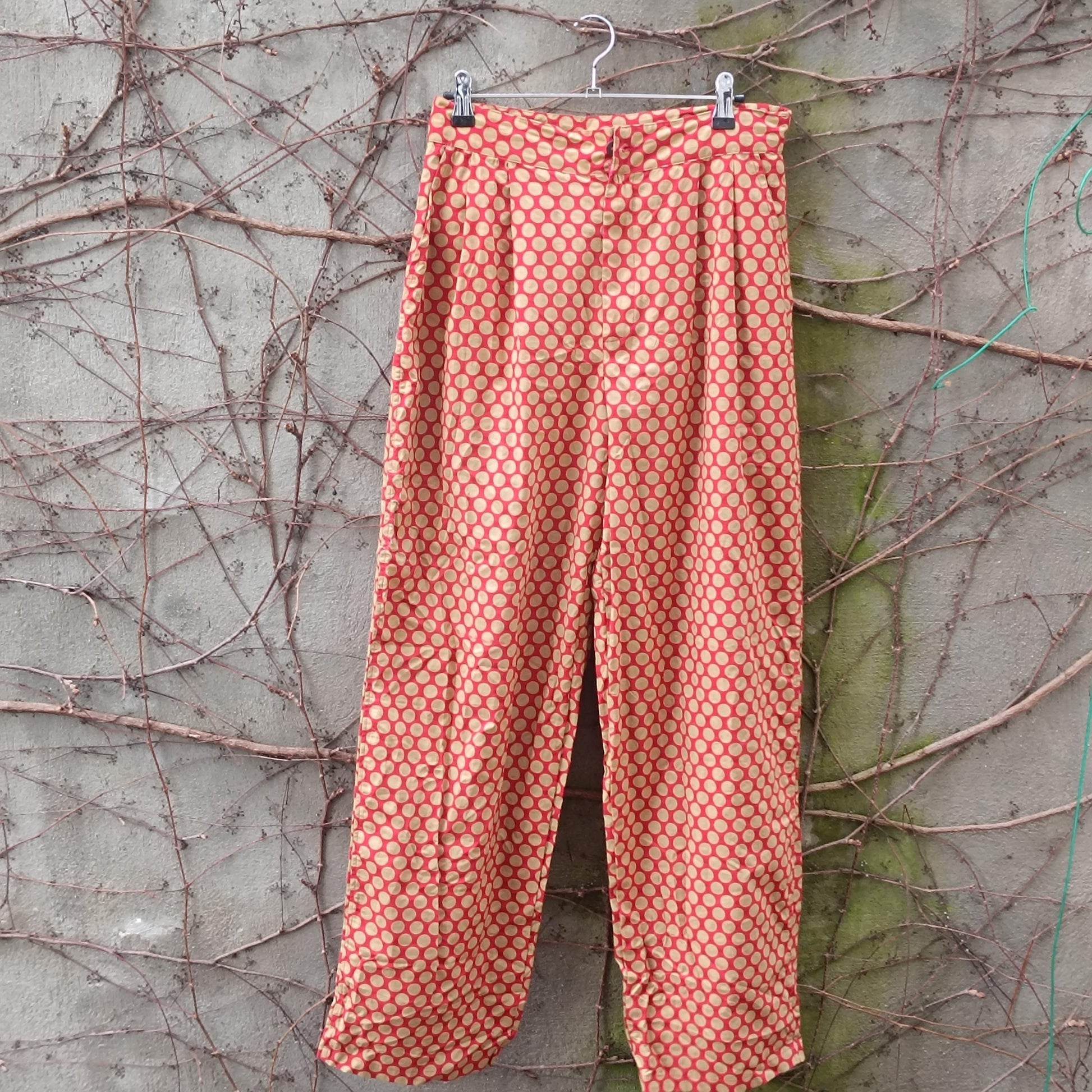 Vintage Polka Dot Trousers High Waisted Cotton Pants Red Beige Wide Leg XL Brussels