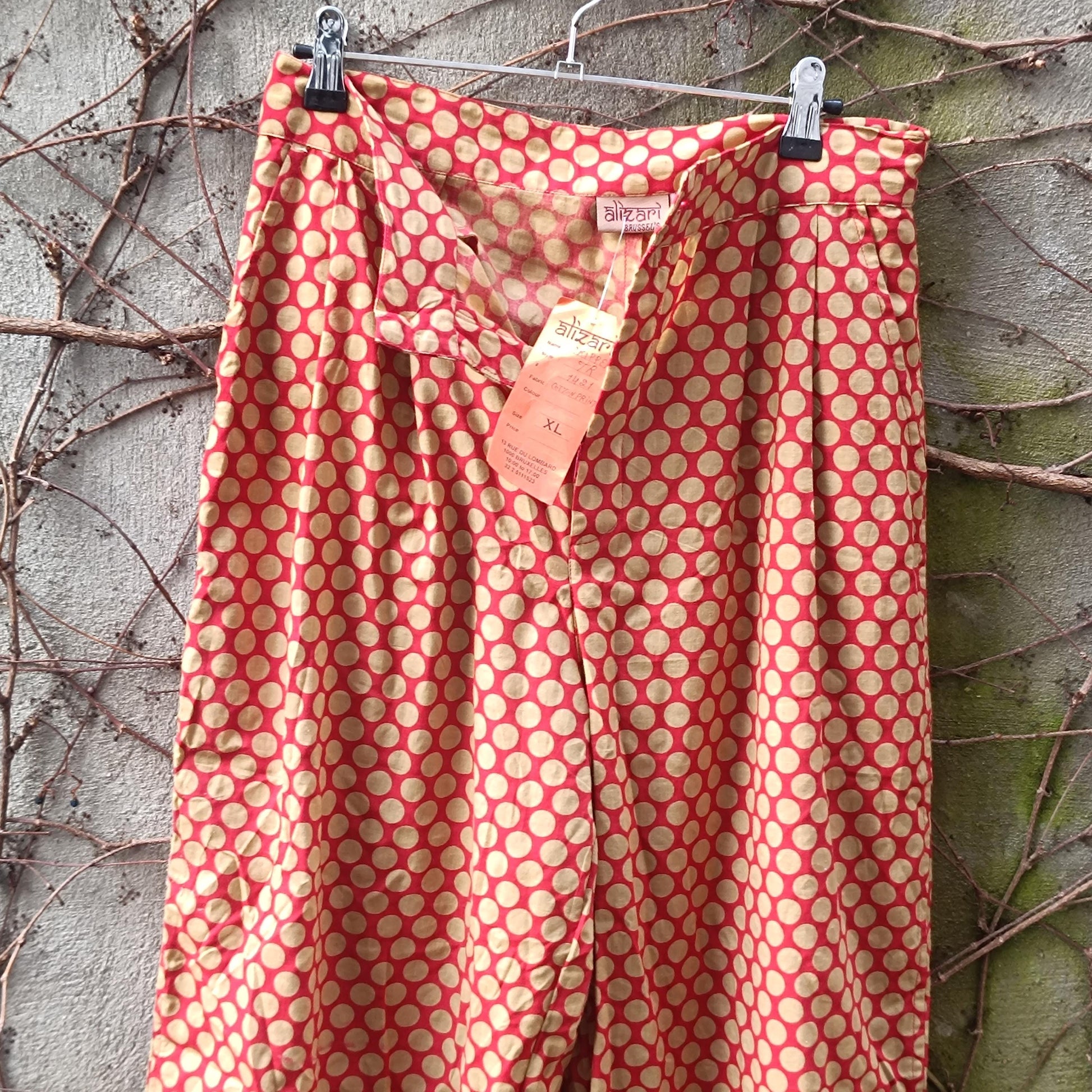 Vintage Polka Dot Trousers High Waisted Cotton Pants Red Beige Wide Leg XL Brussels