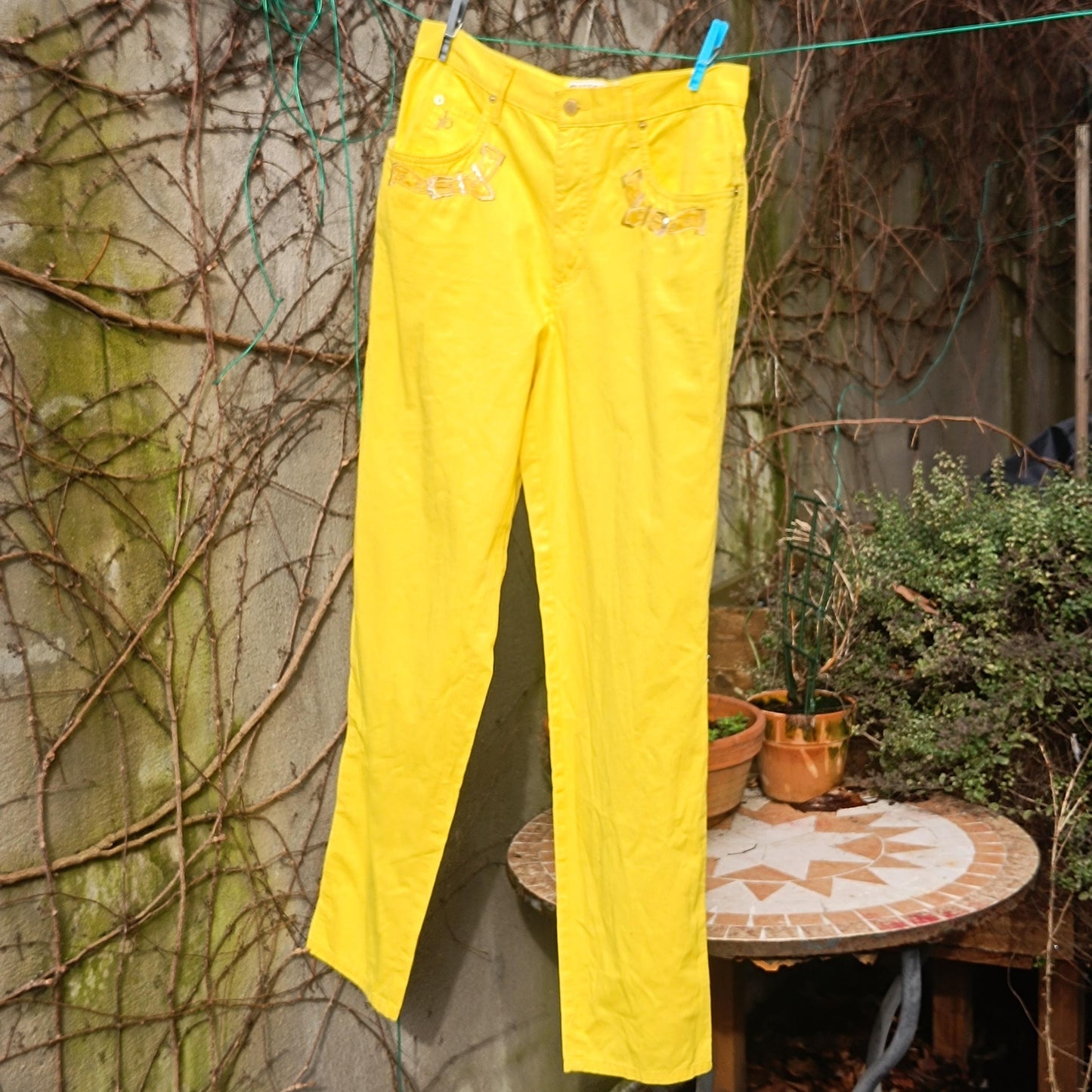 Roccobarocco Yellow Jeans Vintage 90s High Waisted Embroidered Italian Trousers